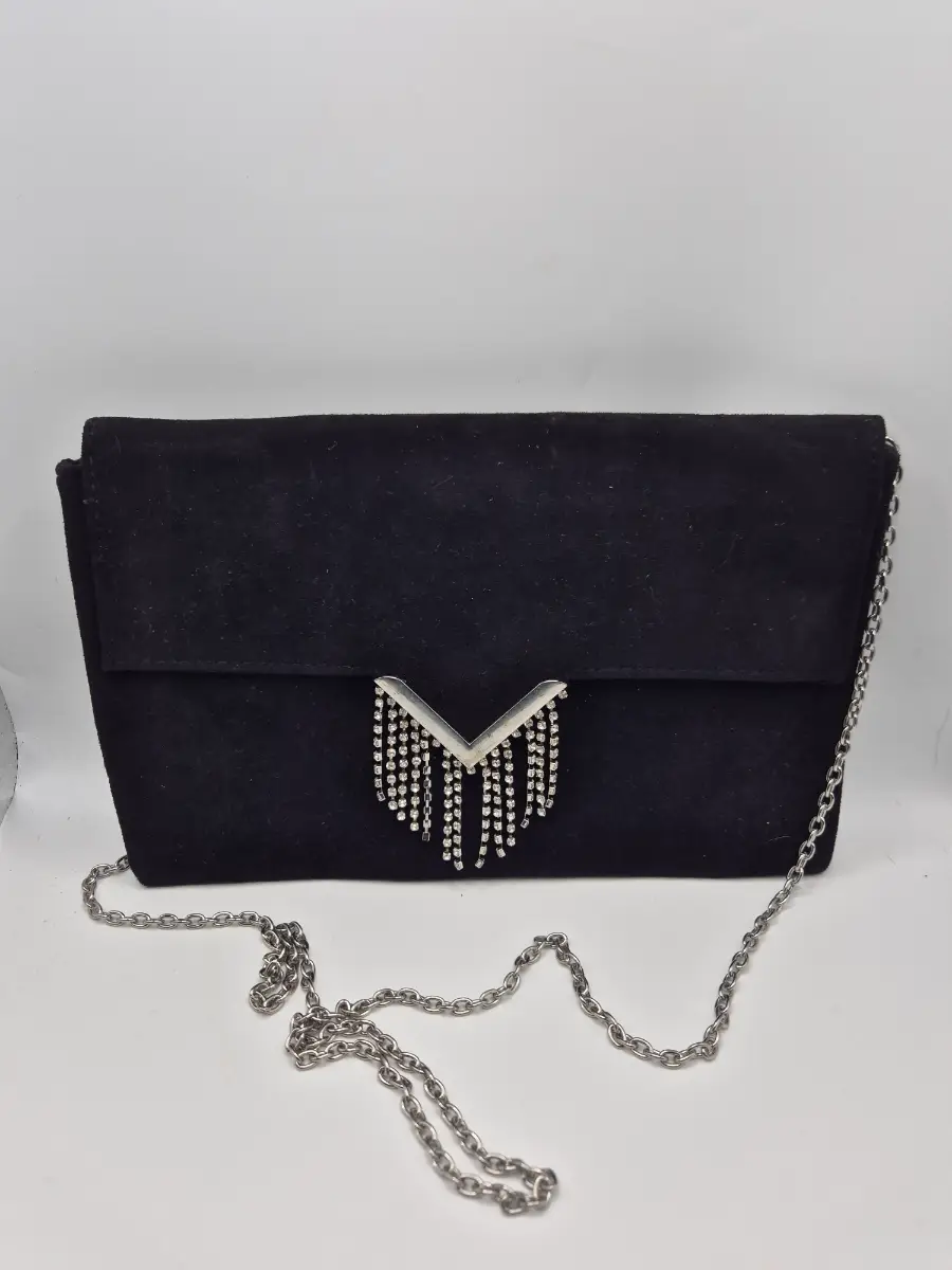 Women's Accessorize Clutch Purse Handbag (27 x 18 x 2 cm) Black Velvet Chain Strap