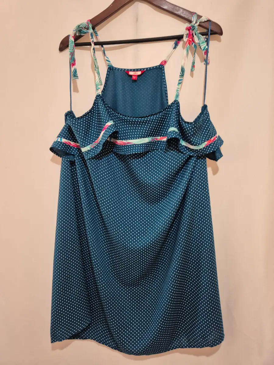 Joe Browns Teal Blue Polka Dot Tunic Mini Dress Women's Size 14 Ruffle Strappy