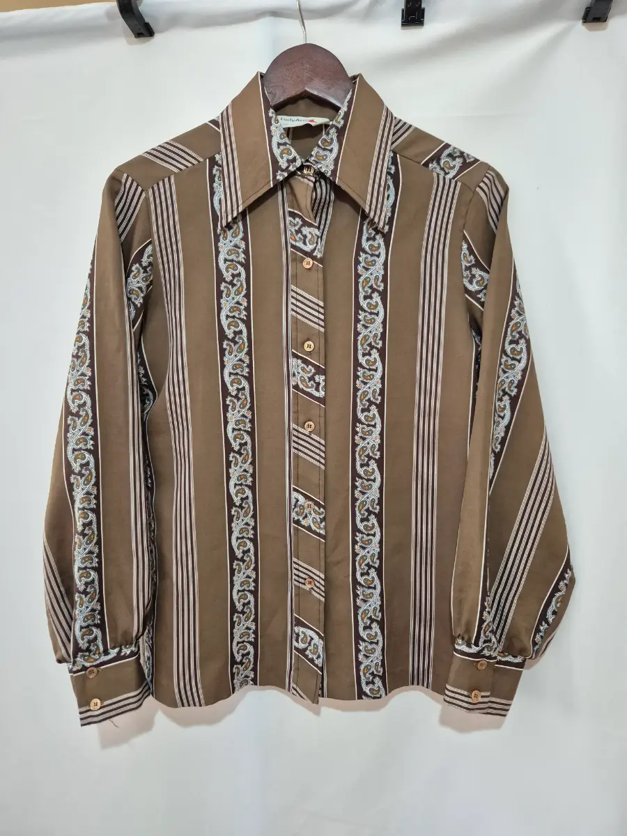 Lady Arrow Vintage 1970s Long Sleeve Blouse size 12 Brown Striped Paisley Dagger Collar Retro
