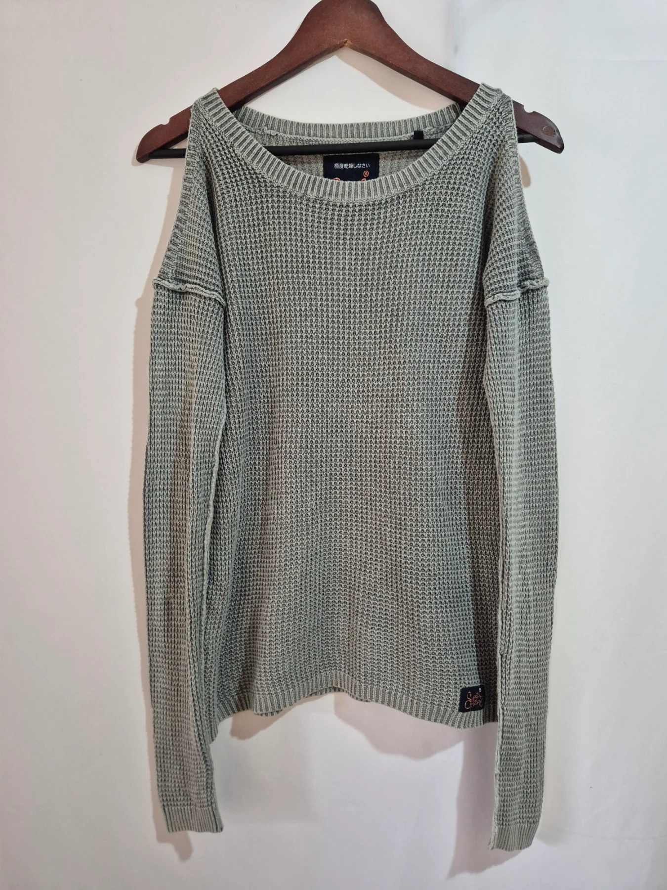 Superdry Sage Green Cold Shoulder Jumper XS 6-8-10 Festival Fringe Knit Top