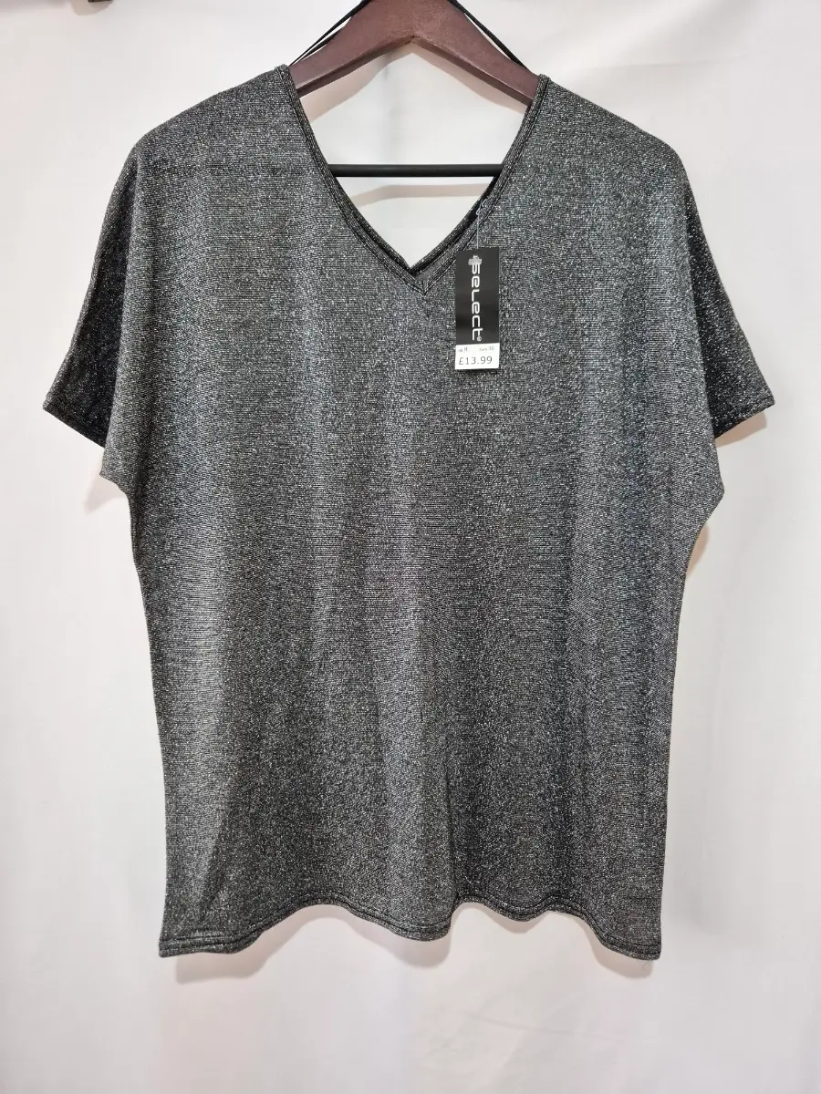Select Short Sleeve V-Neck Top T-shirt size M Medium 14 Silver Grey Sparkly Party
