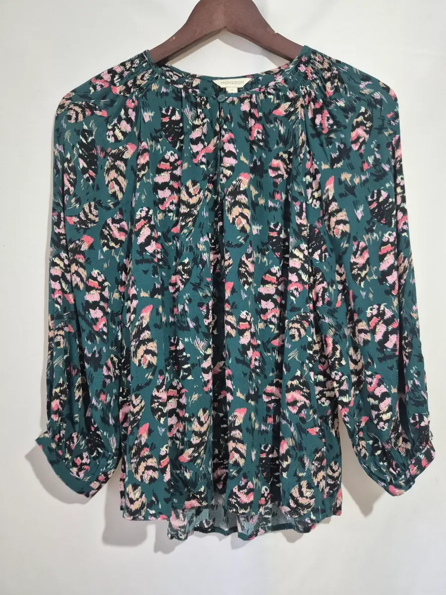 Monsoon Teal Green Abstract Feather Print Blouse Women's Size S 8-10 Boho Top