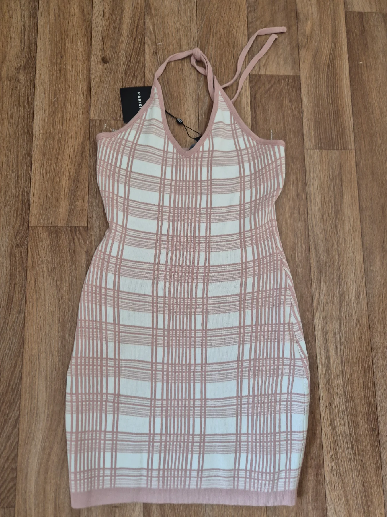 Parisian Pink Checked Halterneck Dress Women's Size 8 Plaid Knit Bodycon Boho