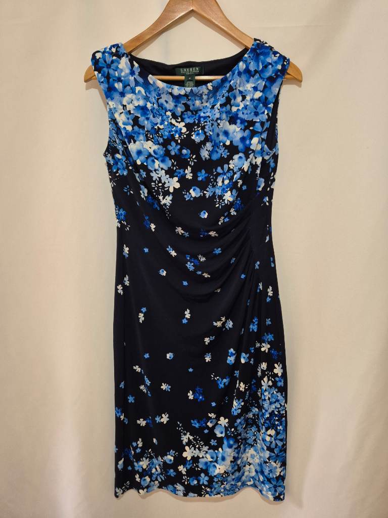 Lauren Ralph Lauren Bodycon Sleeveless Lined Dress 10 Navy Floral Gathered Waist