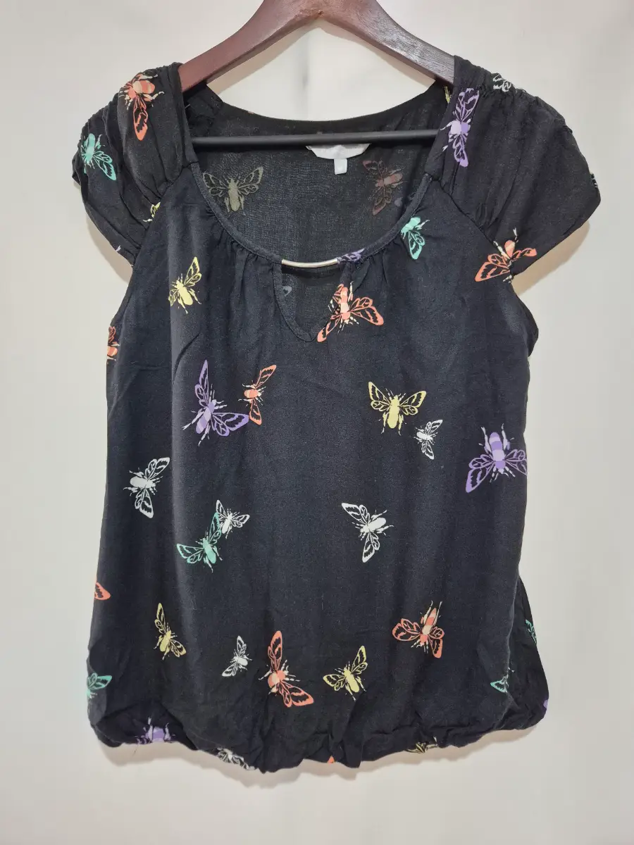Red Herring Debenhams Black Colorful Butterfly Pattern Top Size 12 Y2K Smock Boho