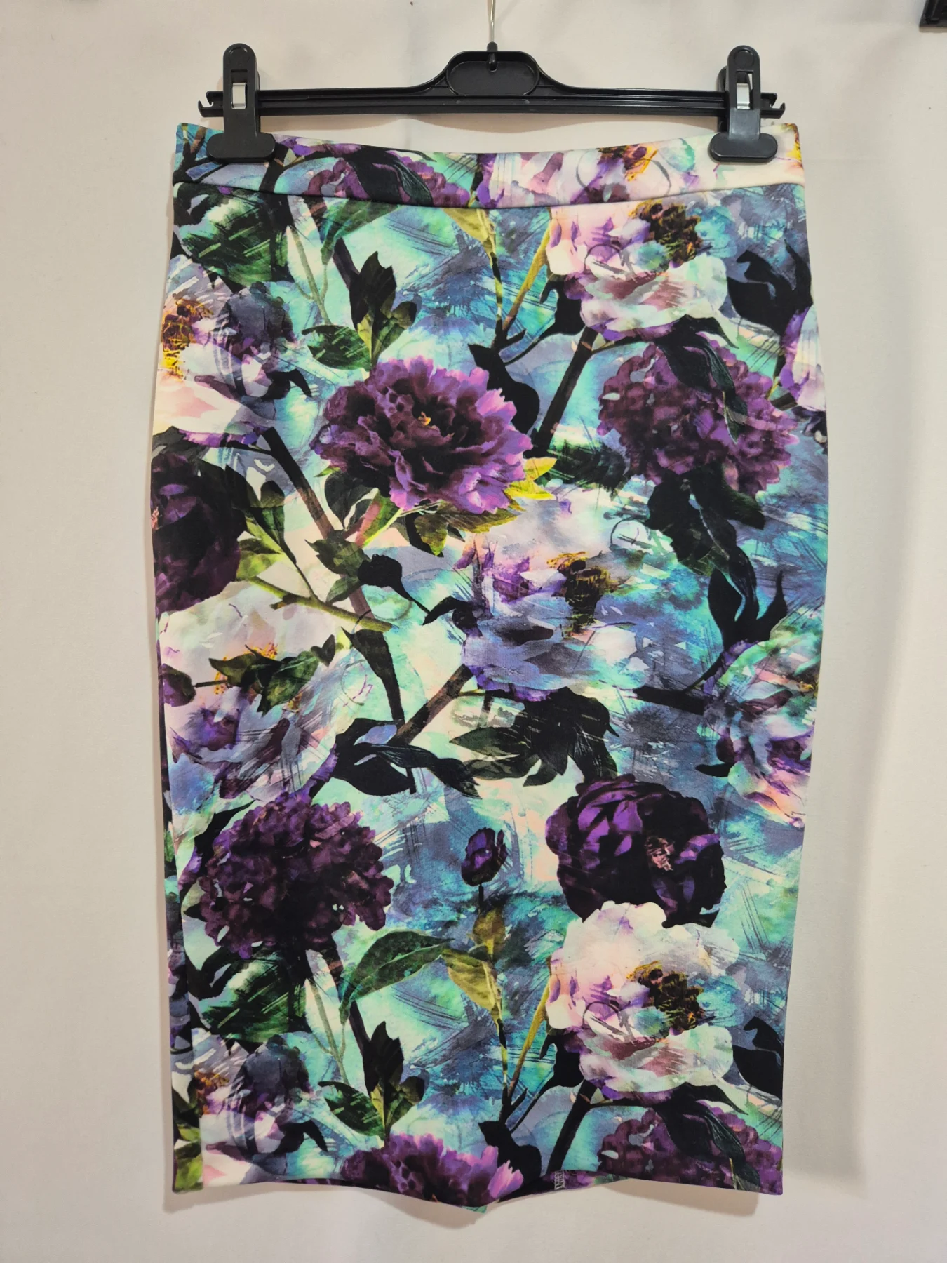 Pied a Terre Floral Pencil Skirt Size 8 Purple Teal Digital Flower Print Smart Midi