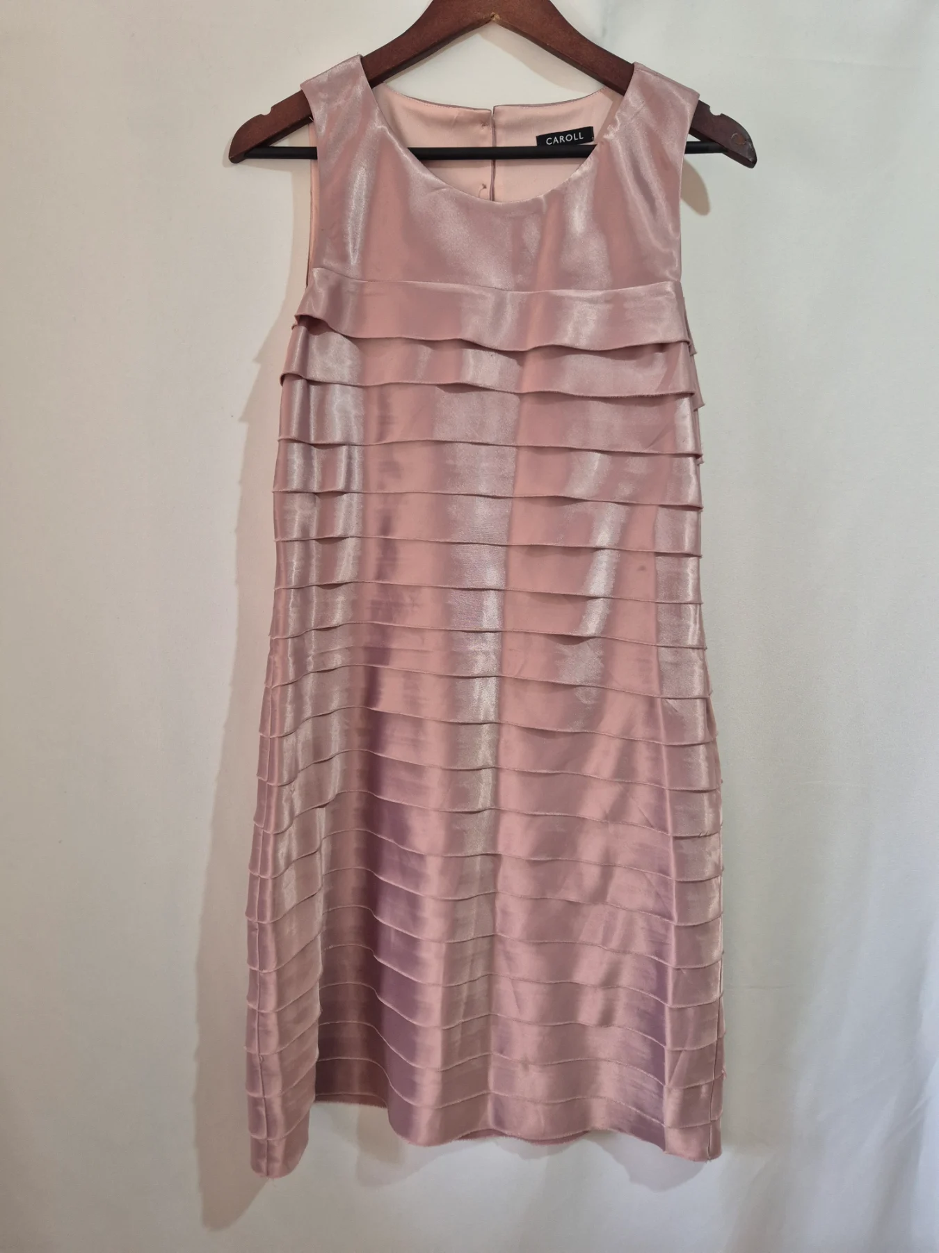 Caroll Paris Lilac Pink Tiered Satin Shift Dress Women's Size 14 FR 42 Cocktail