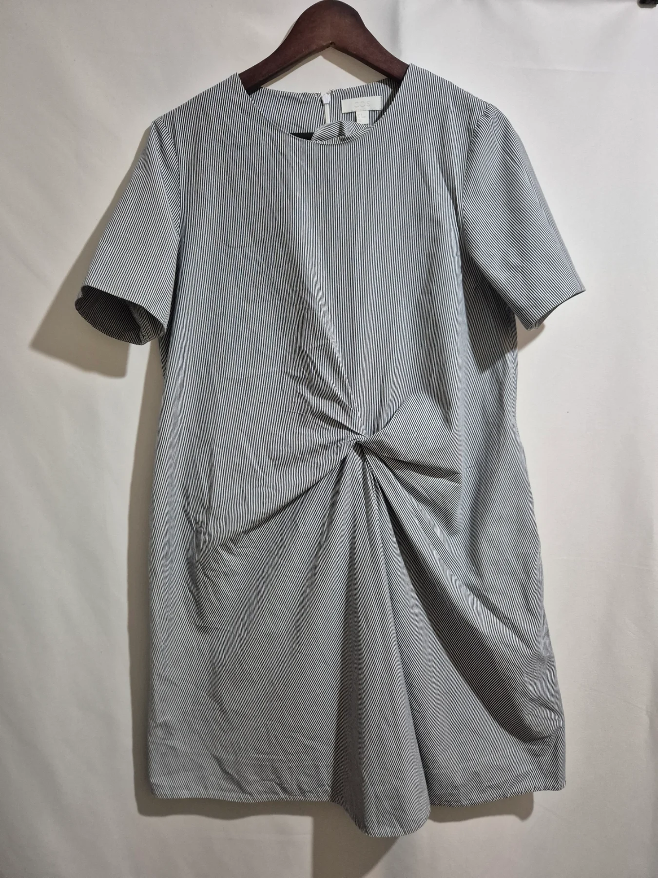 COS Twist Front Navy Blue White Pinstripe Dress Size UK 12 EUR 38 Striped Cotton