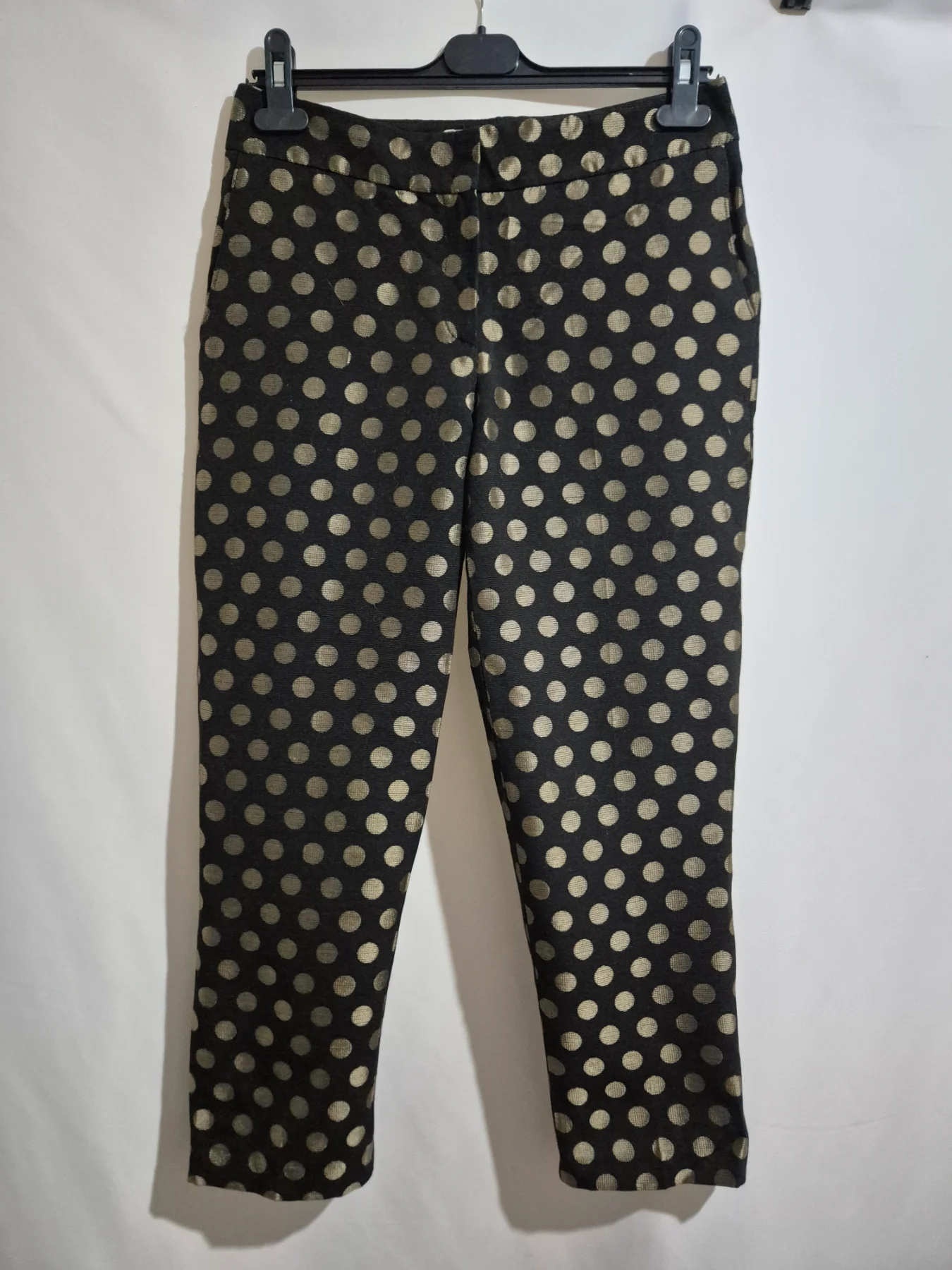 Boden Trousers Size 8 W28 Black Gold Metallic Polka Dot Jacquard Ankle Grazer Smart