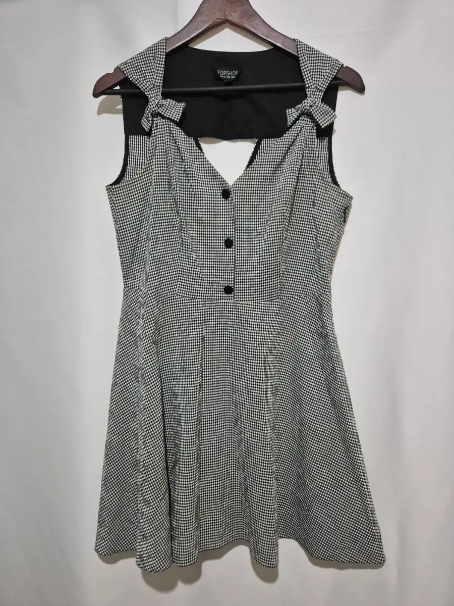 Womens Topshop Y2K Dress Size 12 Black Gingham Check Crinkle Fabric Smart Casual