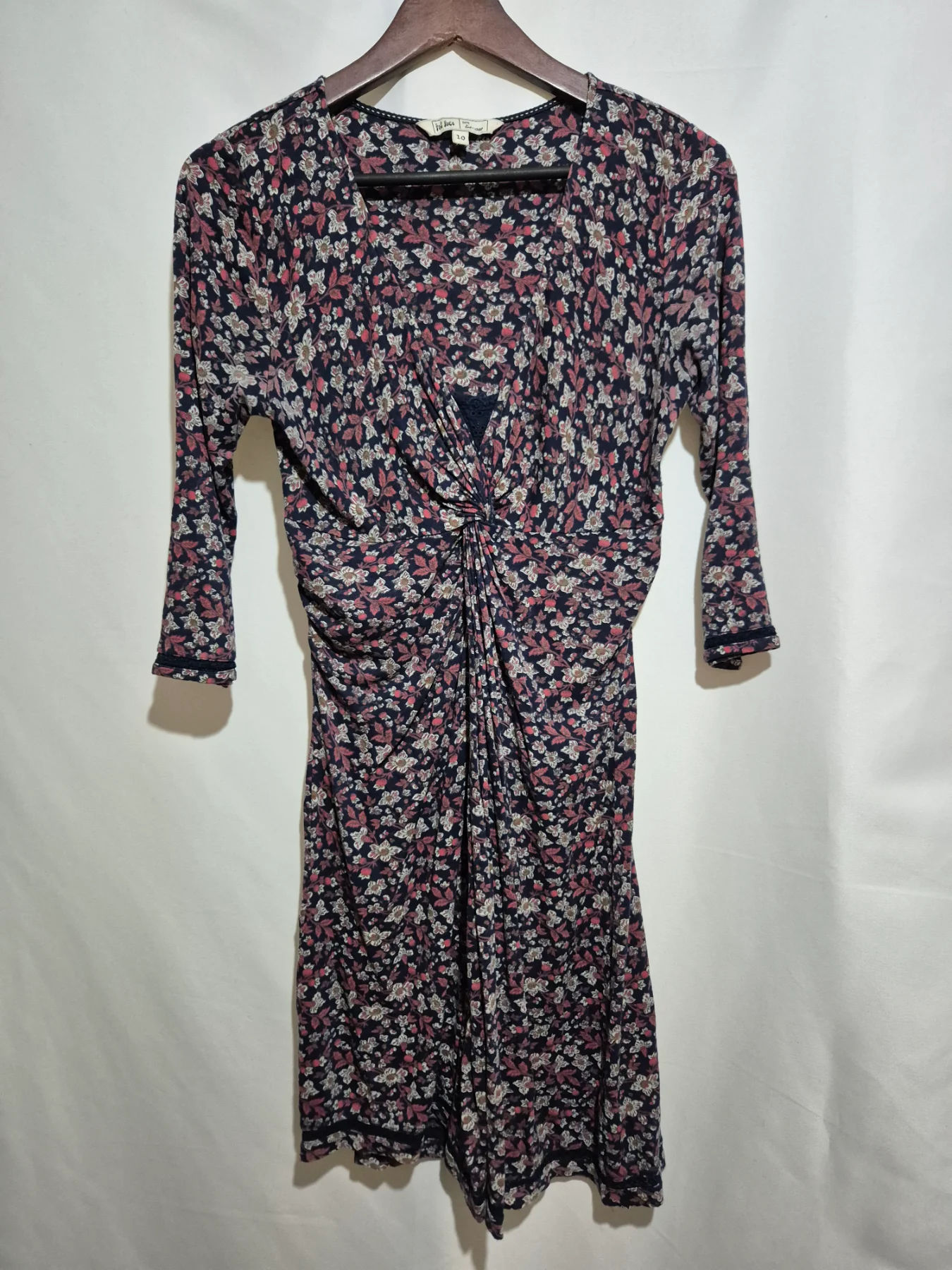 FatFace Navy Floral Twist Front Dress Womens Size 10 Knot Jersey 3/4 Sleeve Day