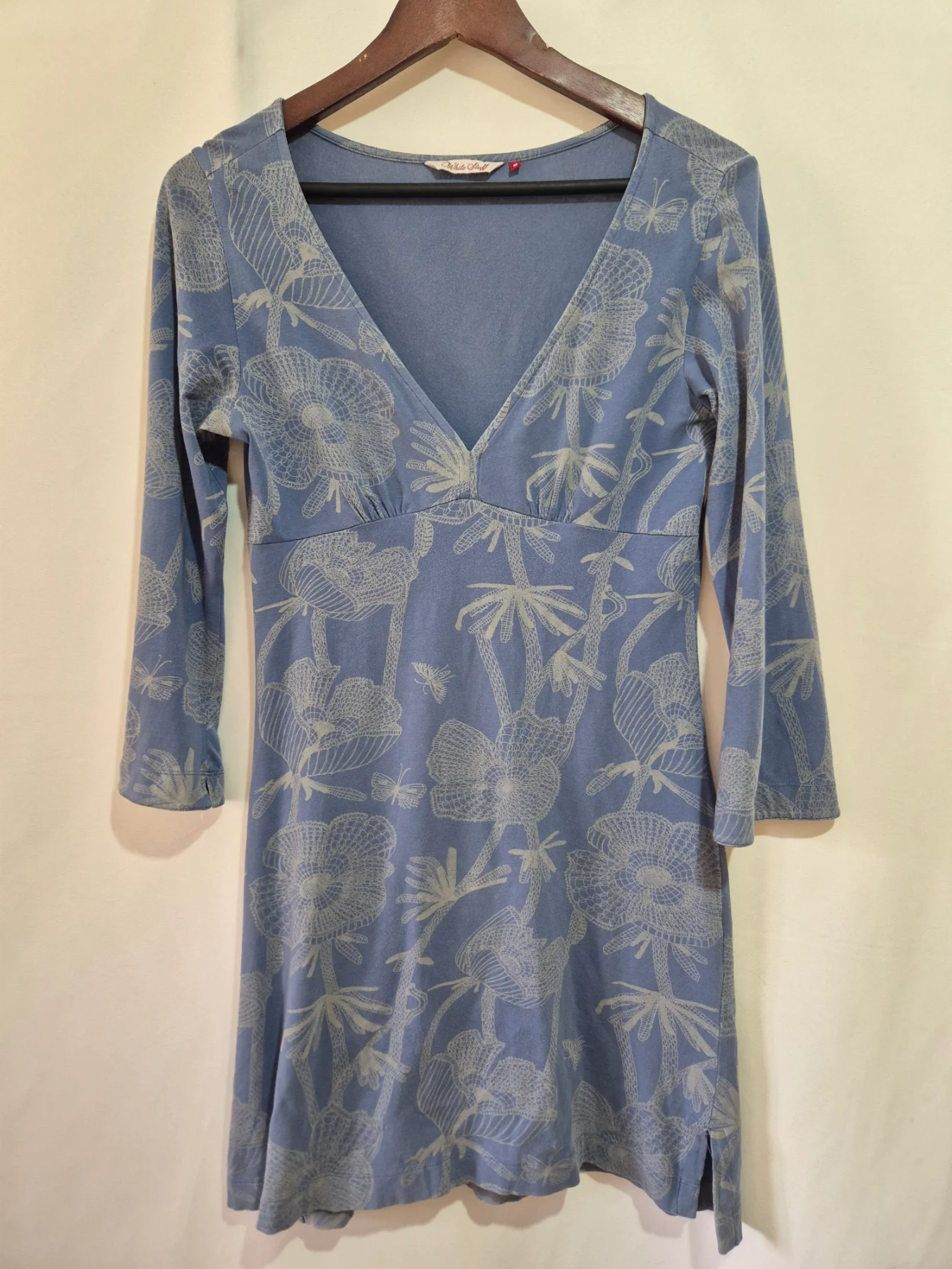 White Stuff Tunic Dress Size UK 8 Blue Floral Dragonfly Jersey 3/4 Sleeve V Neck