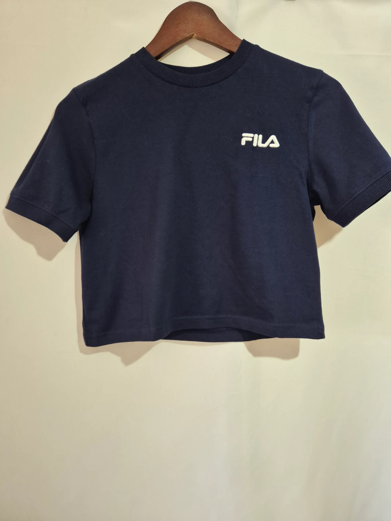 Fila Crop Navy Blue Top Size UK 4 Embroidered Logo Crew Neck T-Shirt Short Sleeve