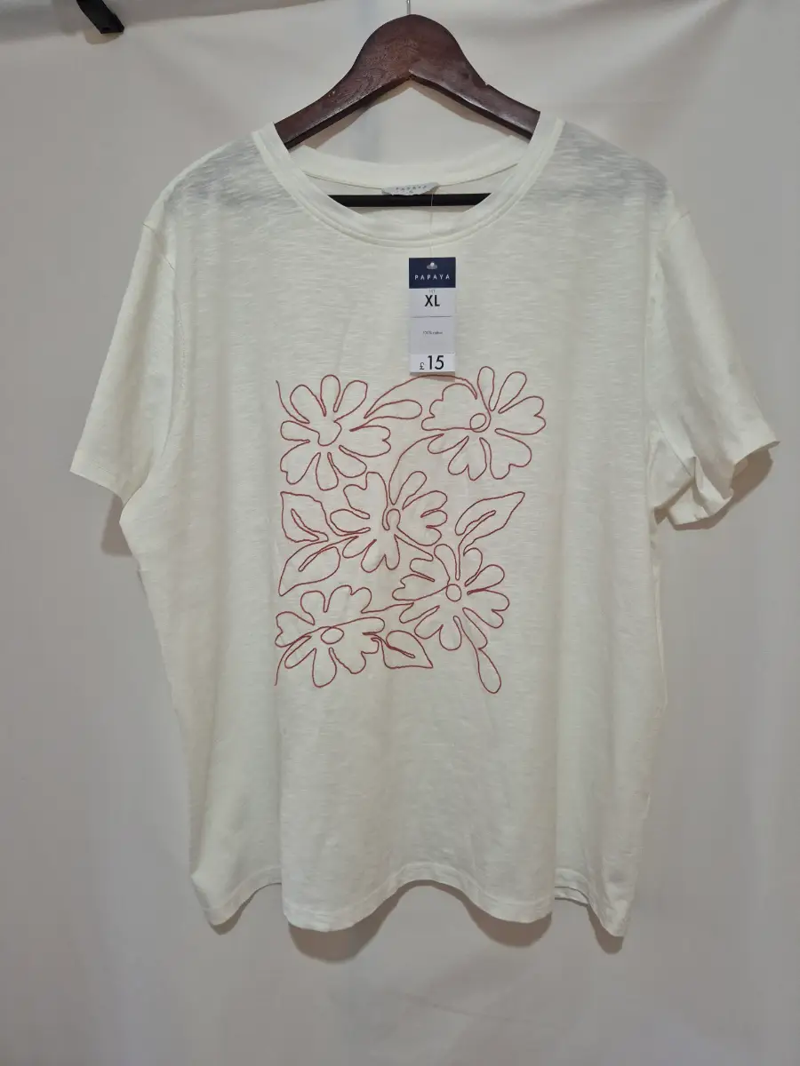 Women's Papaya Short Sleeve T-shirt Top size XL Extra Large 22 Cream Floral Stitch Detail