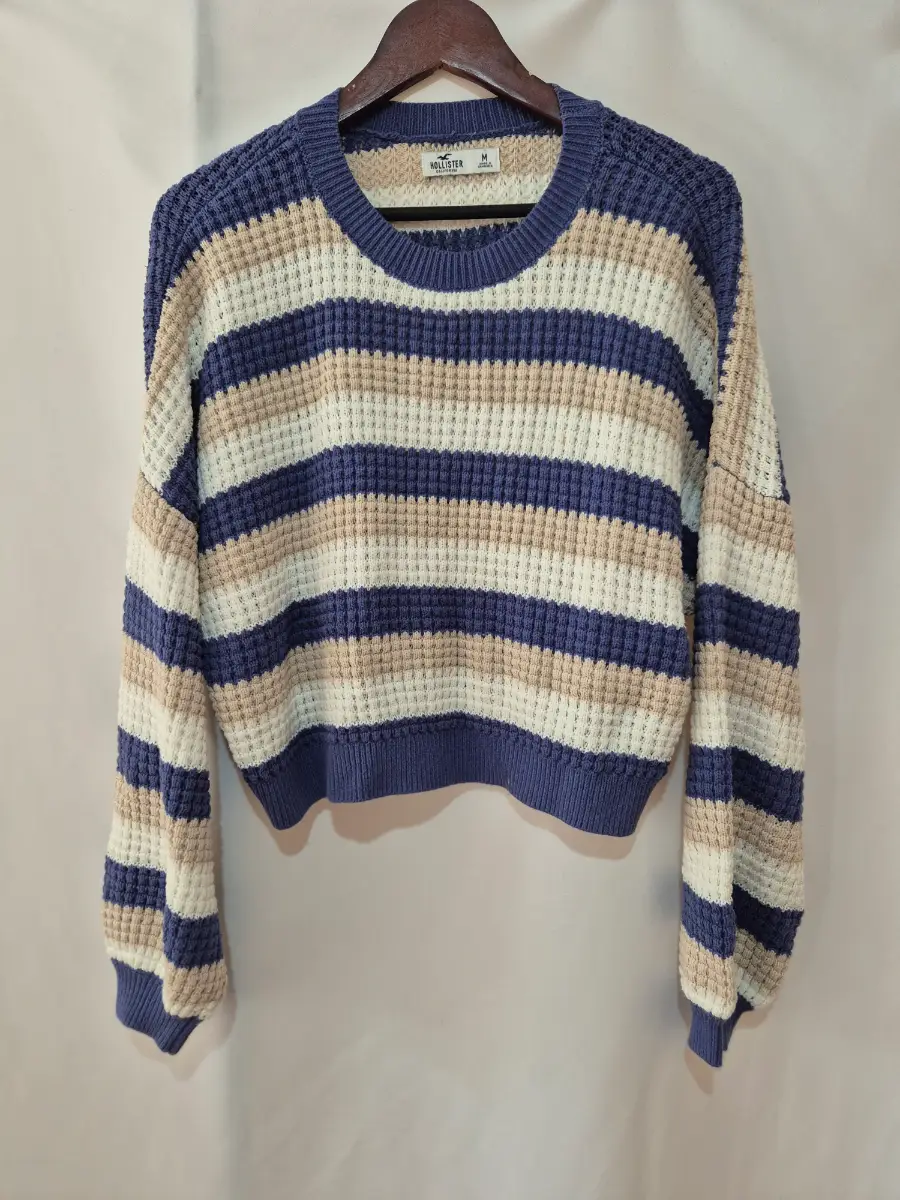 Hollister Striped Crop Jumper Sweater Womens Size M Medium Blue Beige Waffle Knit