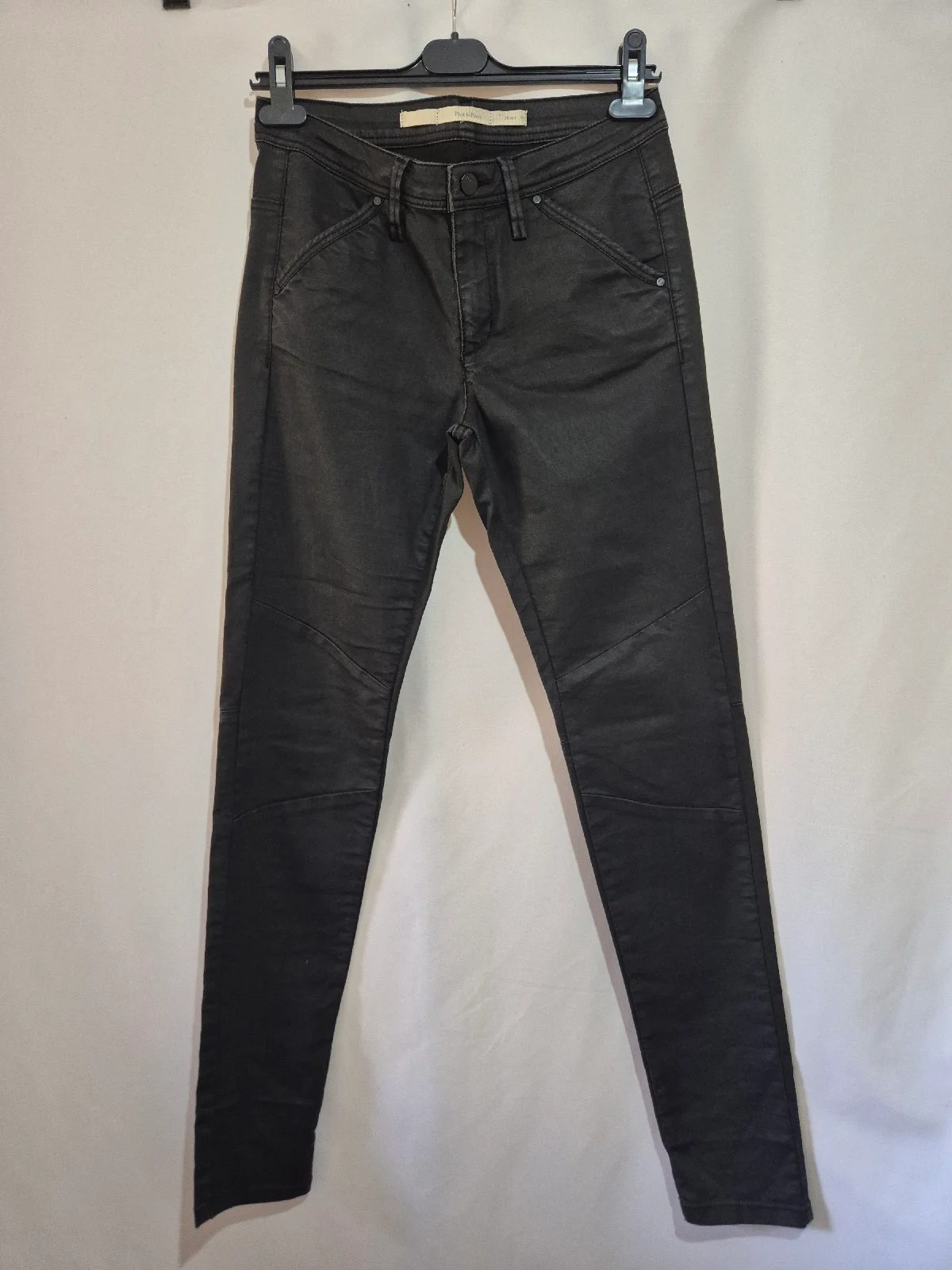 Part Two Black Coated Jeans Size 10 W30 Skinny Waxed Biker Panel Stretch Denim