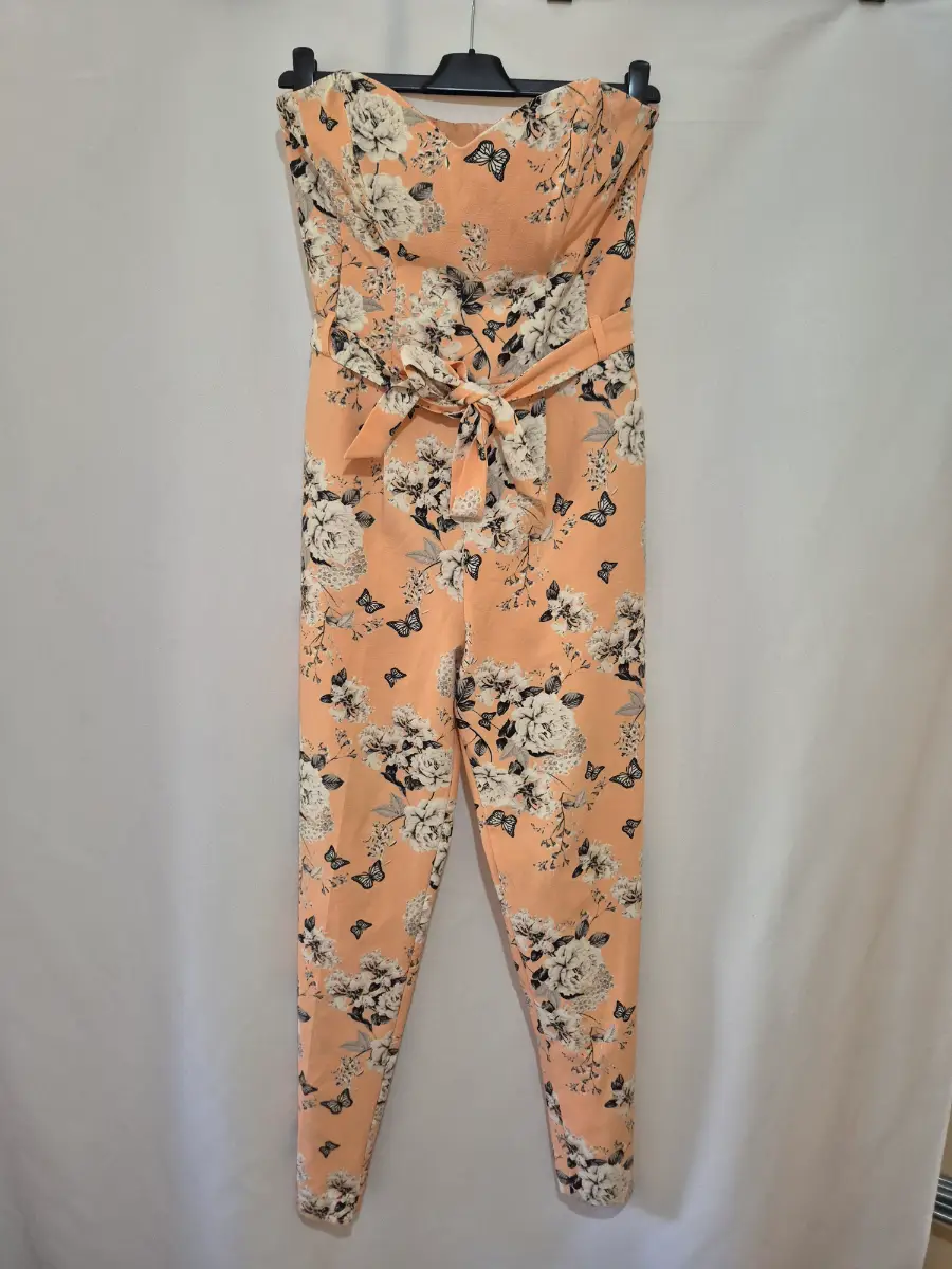 Miss Selfridge Y2K Vintage Sleeveless Bandeau Jumpsuit Playsuit size 8 Peach Floral Party Wedding