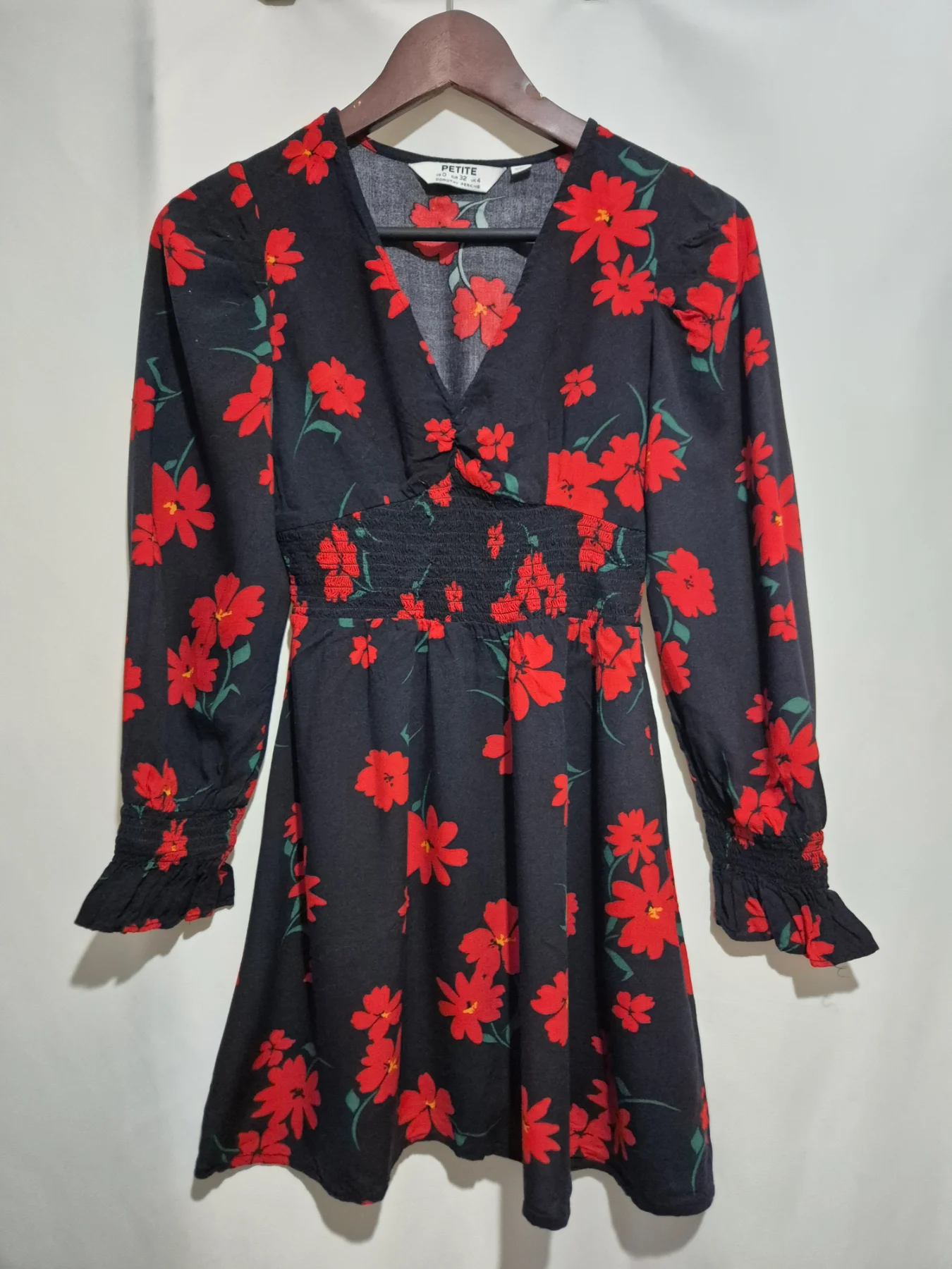 Dorothy Perkins Petite Black Red Floral Dress Size 4 Elasticated Waist Mini Tea Tunic