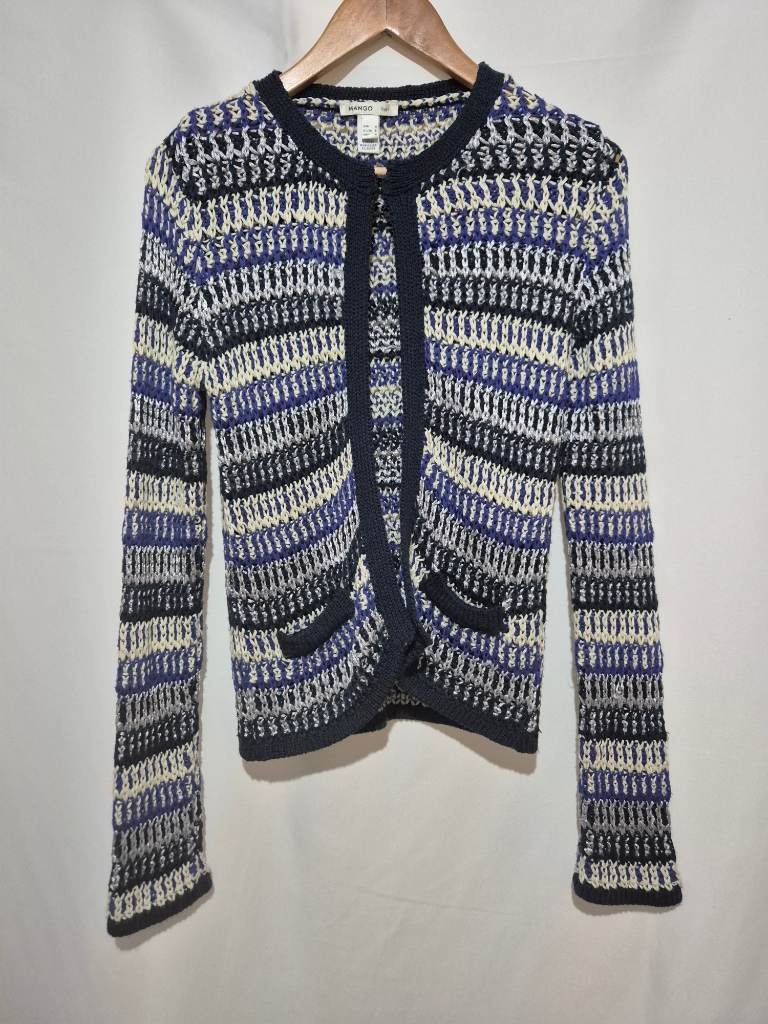 Women's Mango Crochet Knit Cardigan size M Medium 12-14 Navy White Buttonless