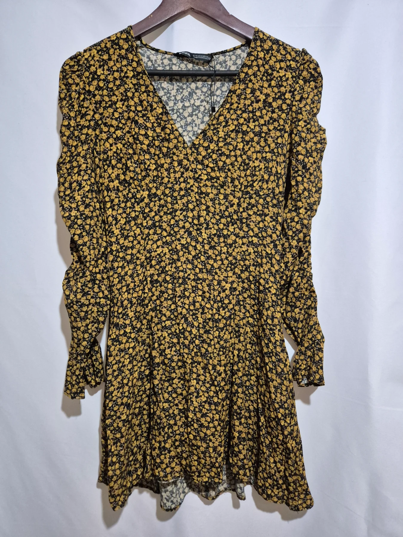 Zara Floral Dress Womens Size 8-10 M Gathered Ruched Sleeves Evening Workwear Shift