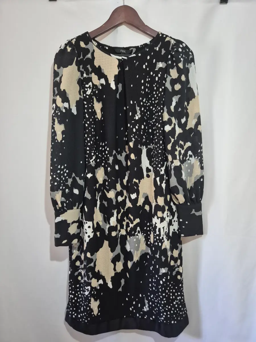 Next Black Beige Abstract Print Shift Dress Women's Size 12 Long Sleeve Textured Midi
