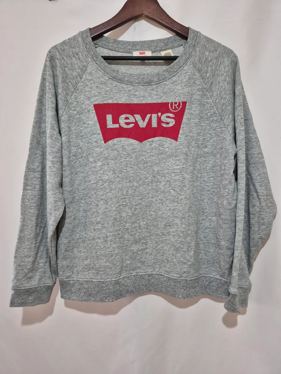 Levis Grey Marl Jumper Women's Size L Raglan Sleeve Red Batwing Logo Sweatshirt