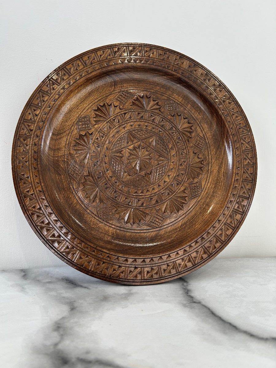 Vintage Wooden Decorative Etched Plate 10 in Diameter