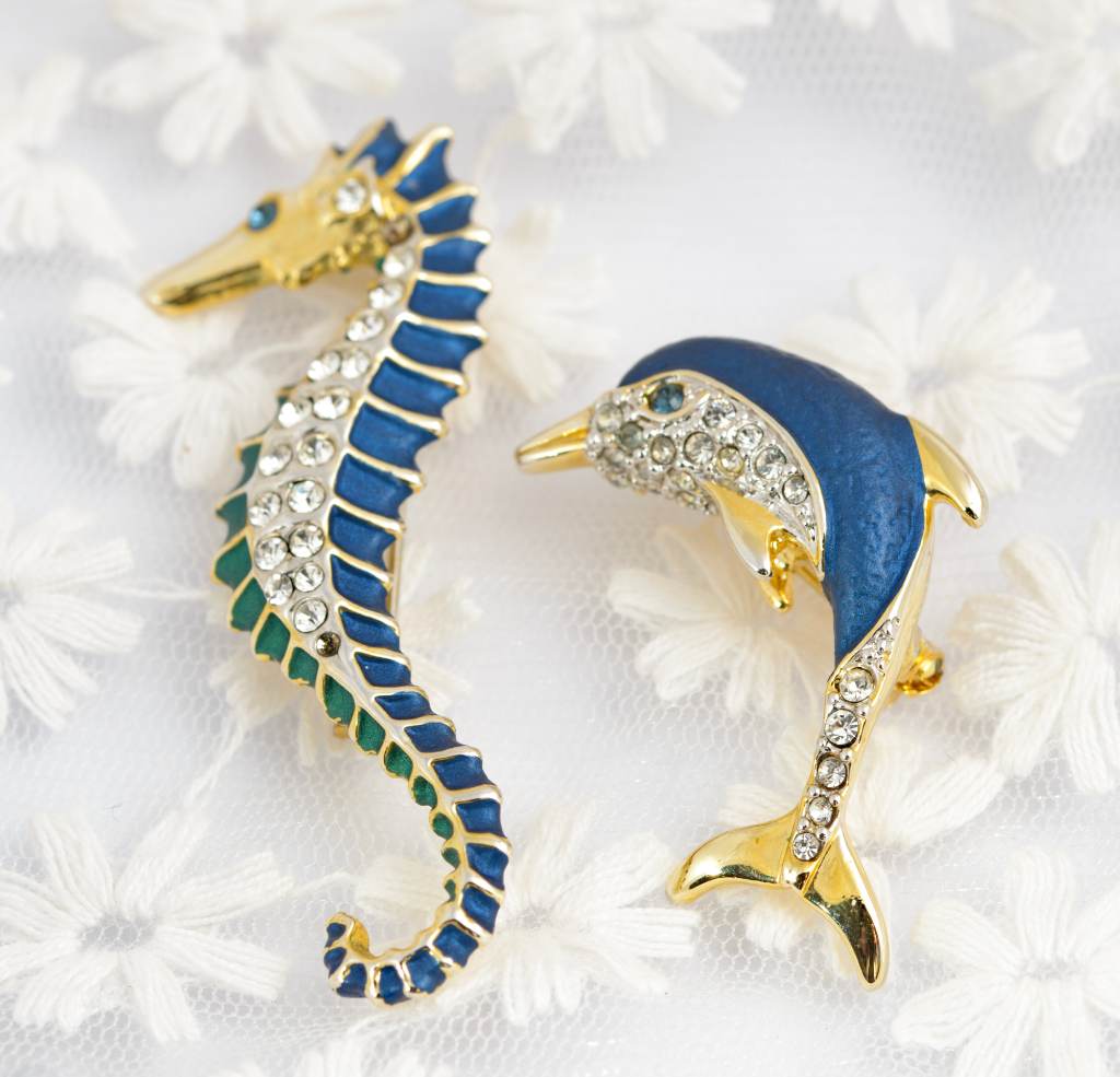 Vintage Dolphin & Seahorse Costume Brooches With Clear Crystals & Enamel Decoration