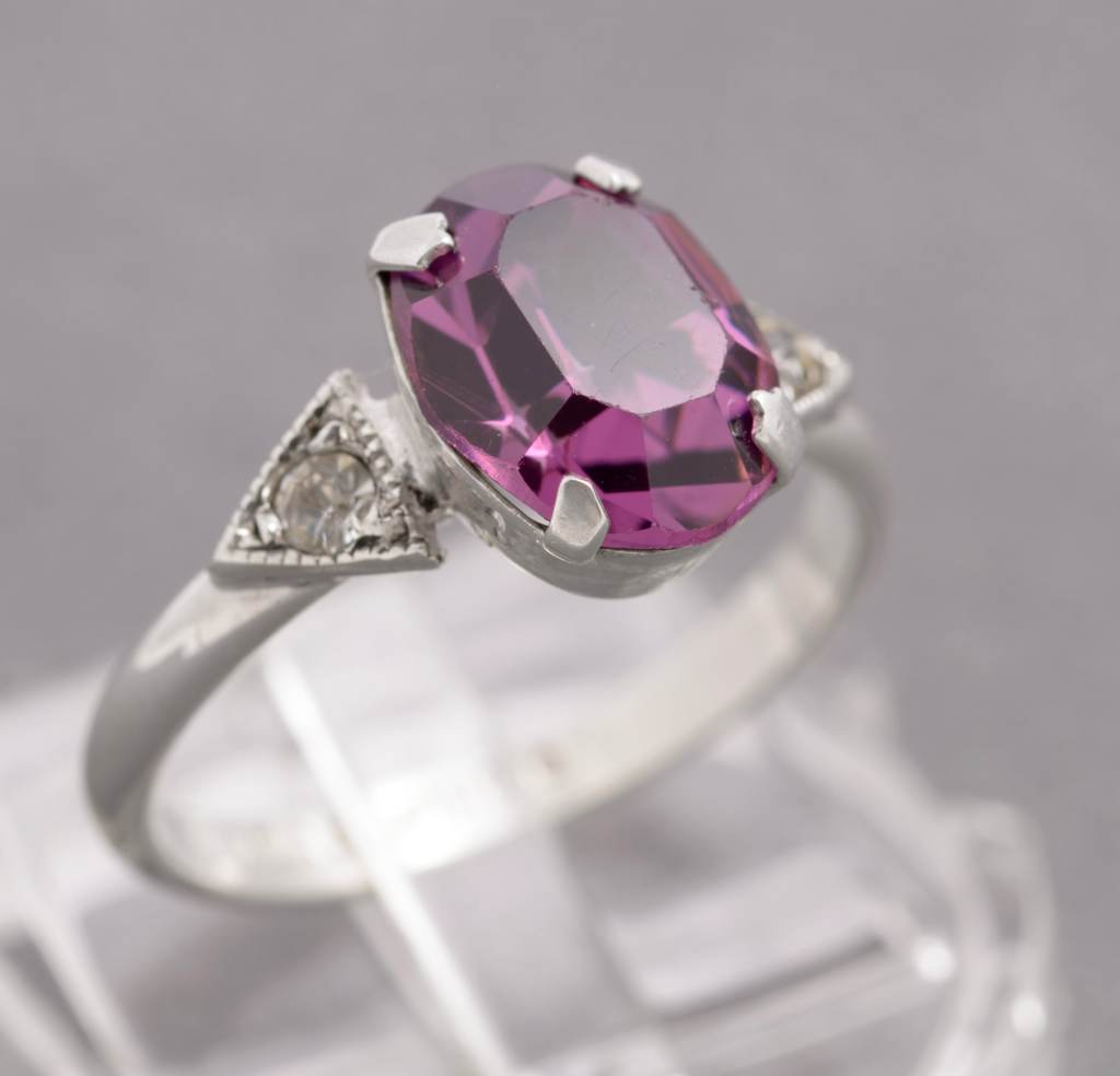 Vintage Sterling Silver Ring Size L With Purple Glass Facet Cut Stone