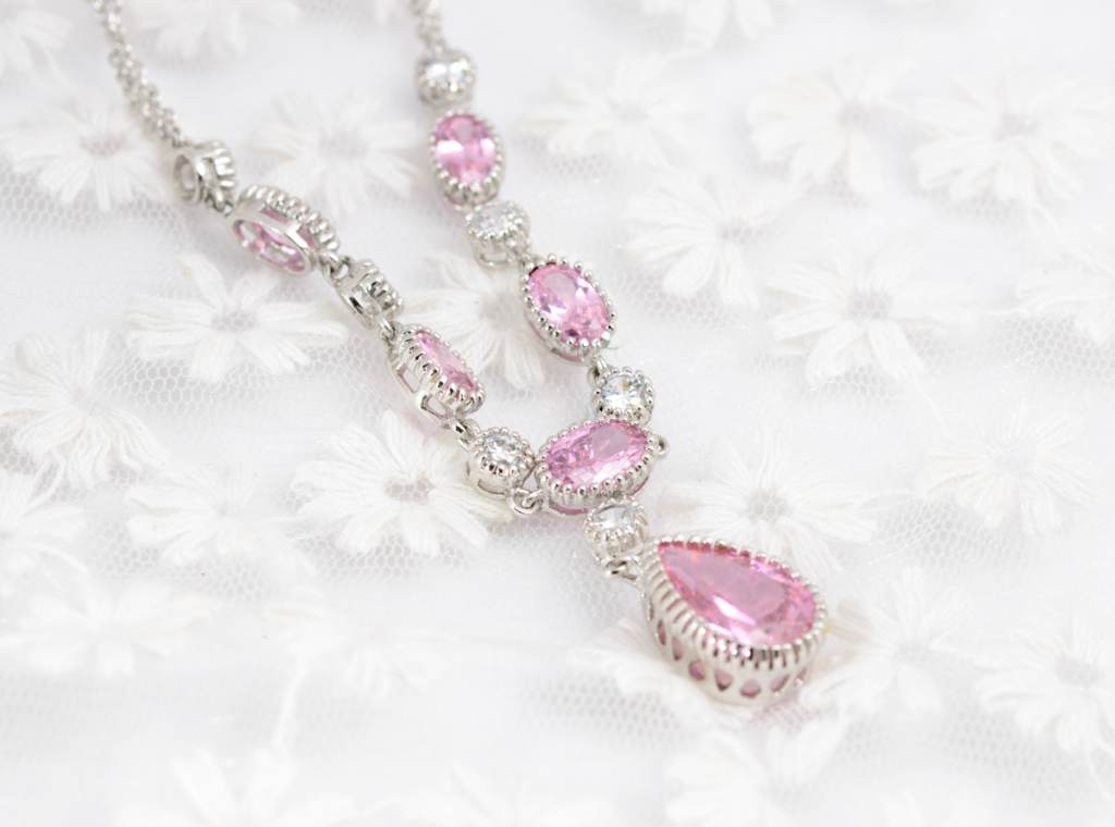 Pretty 925 Sterling Silver Double Strand Necklace With Pink & Clear Gems