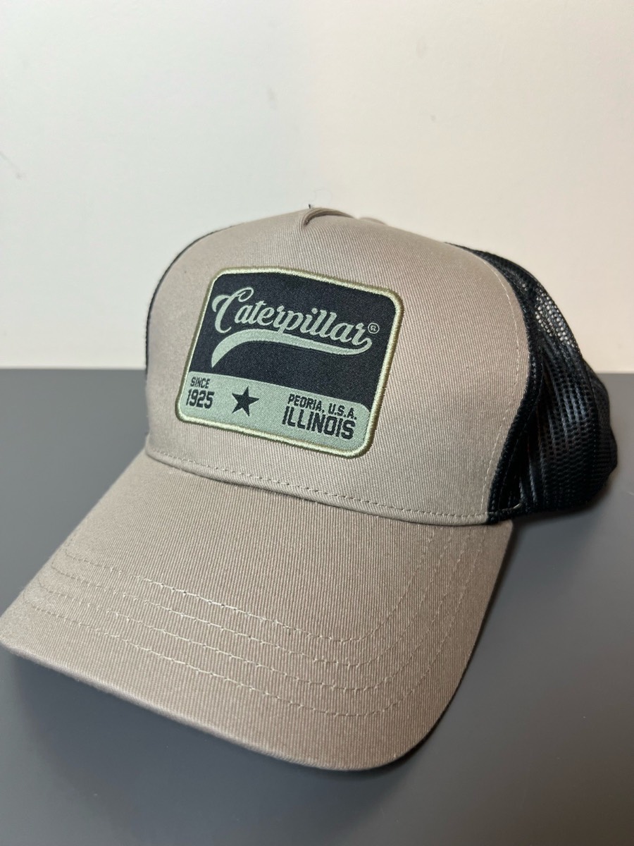 CAT Beige & Black Logo Trucker Hat Mesh Back Adjustable One Size