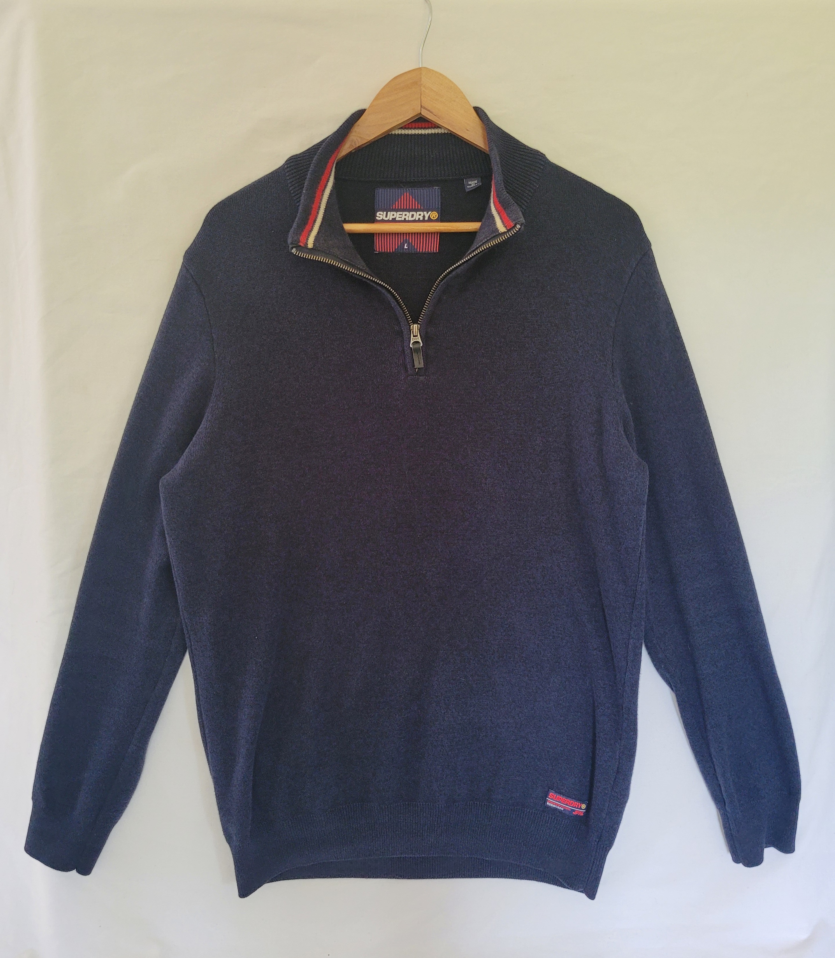 Superdry Men’s Navy 1/4 Zip Jumper Sweater Cotton Knit Size Large