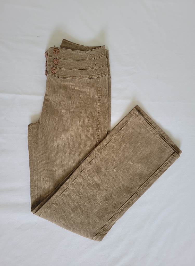 Per Una Stretch Linen Blend Trousers Womens UK 8 Brown/Sand Wide Leg Smart Casual