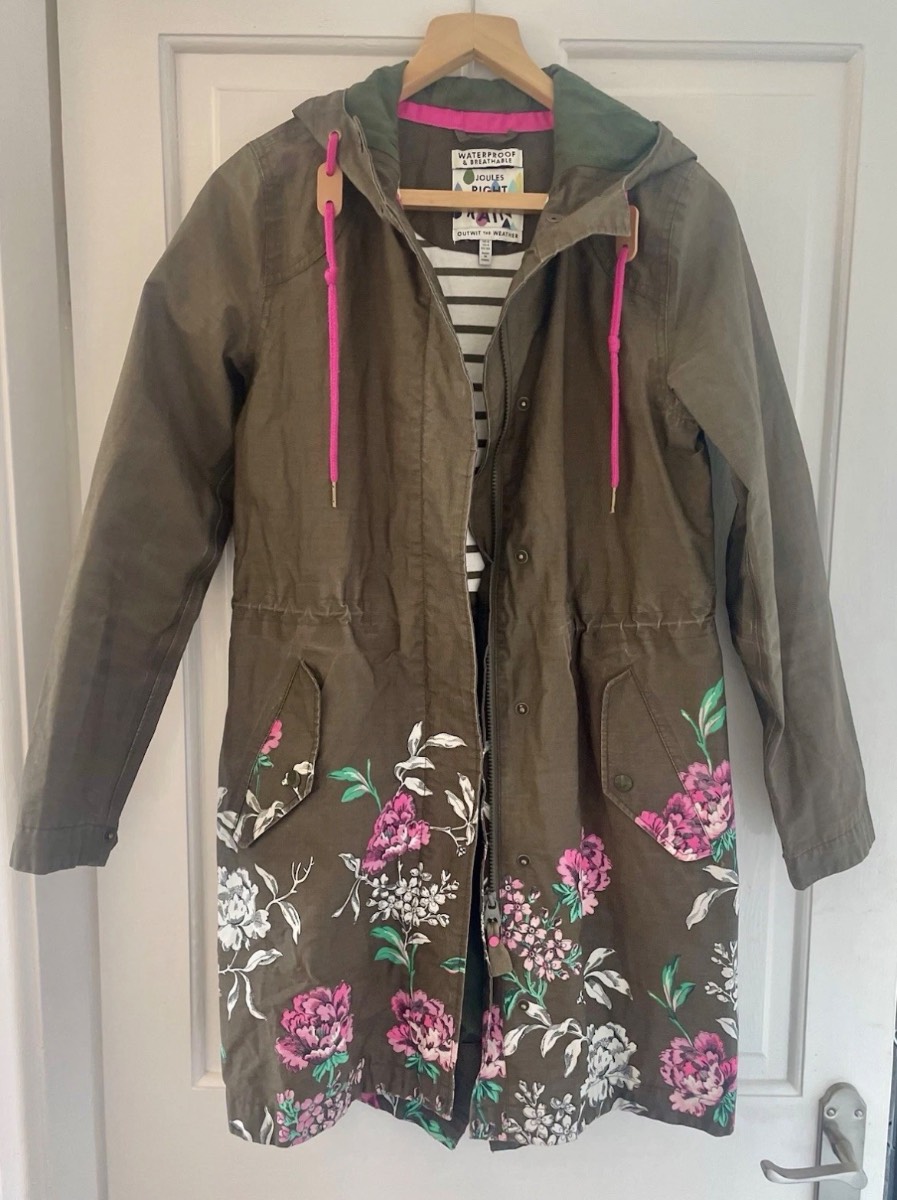 Joules, khaki raincoat with floral detail, size 8