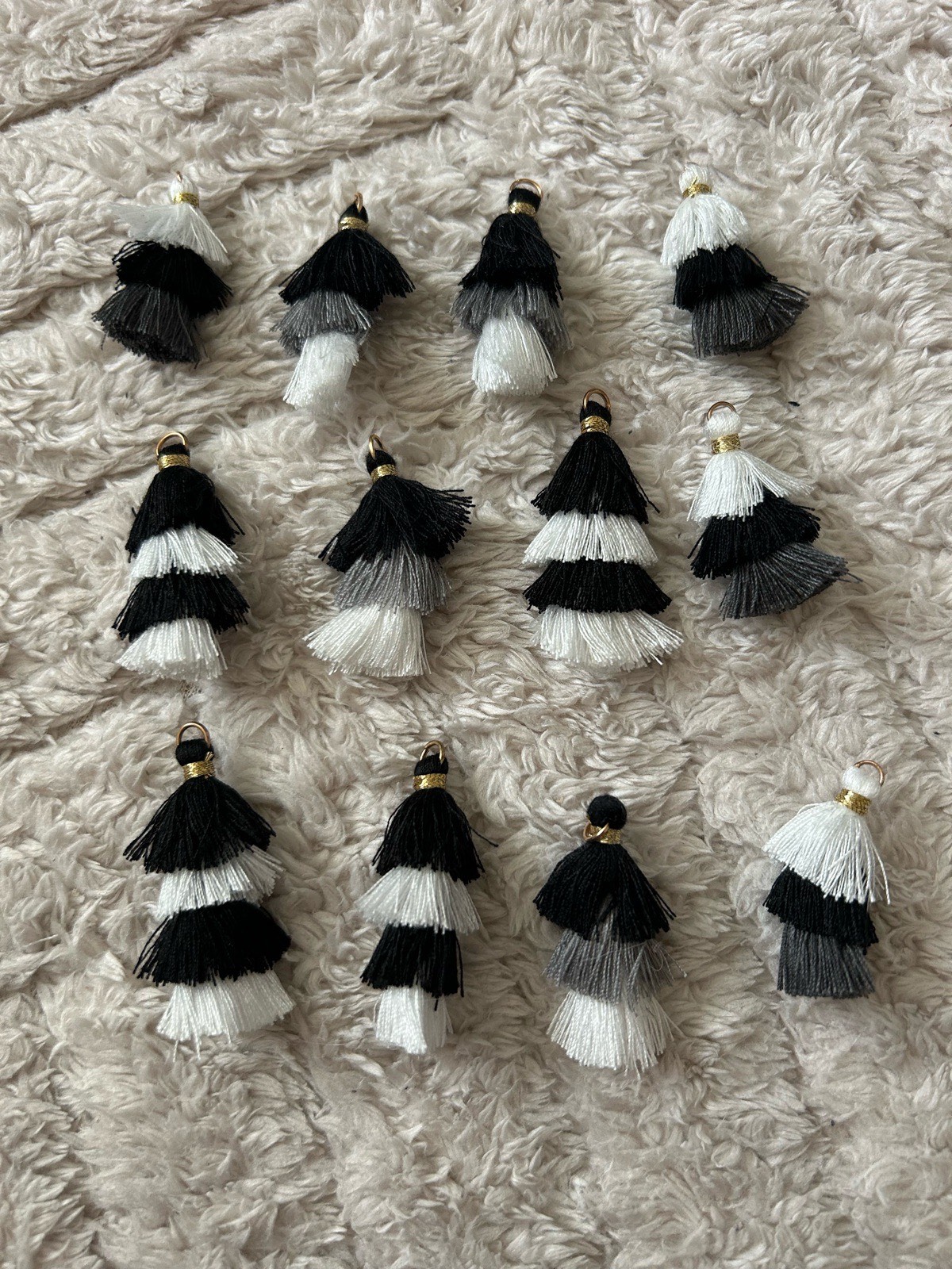 Tri-Layered Tassel Pendants Mini Decoration with Loops Black White Grey