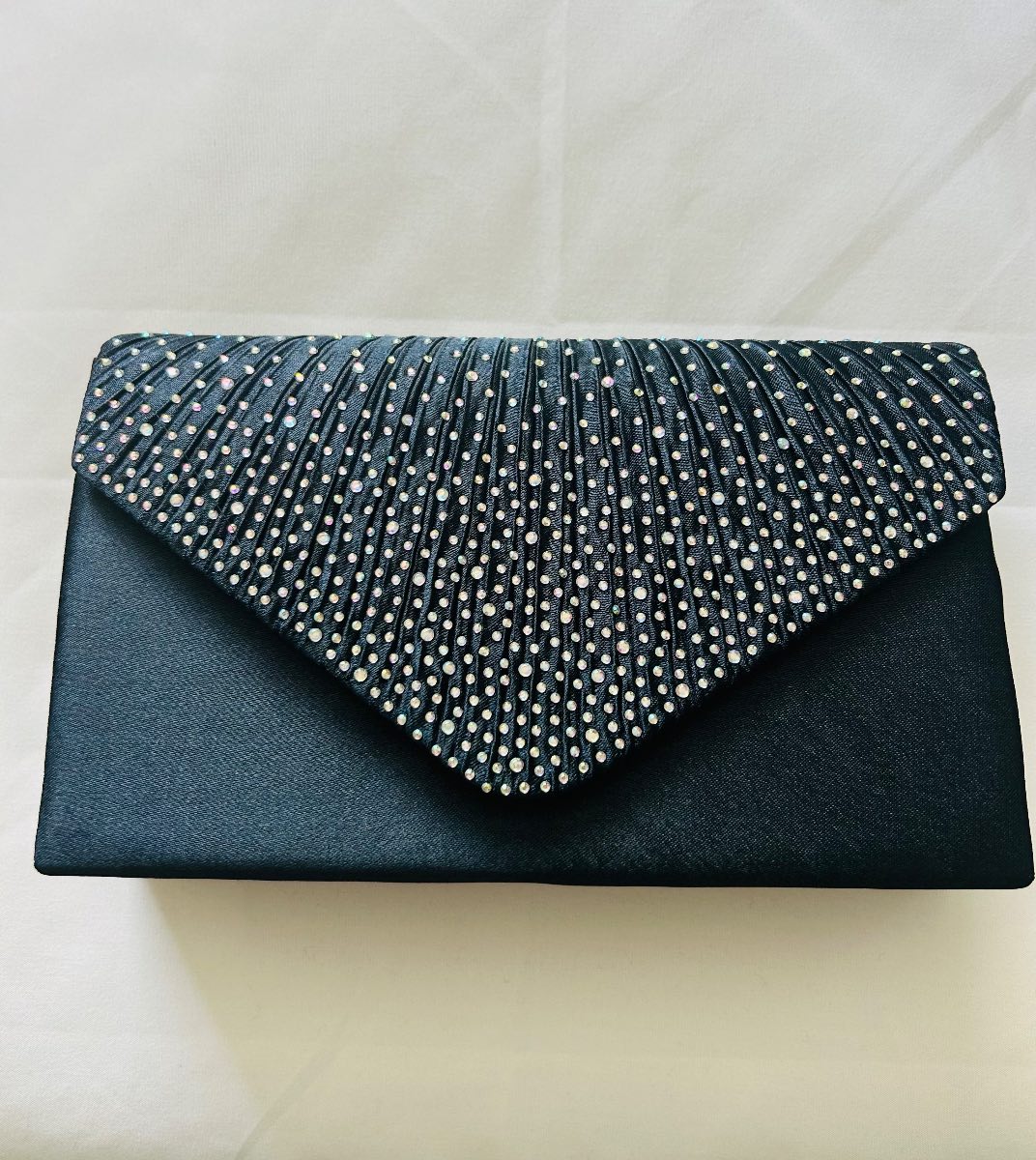Navy Blue Rhinestone Satin Pleated Clutch Shoulder Evening Bag