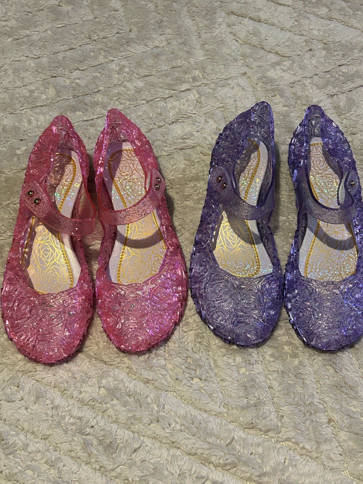 2 Pairs Disney Frozen Elsa Girls Jelly Flat Shoes Size 1 Pink & Purple Princess