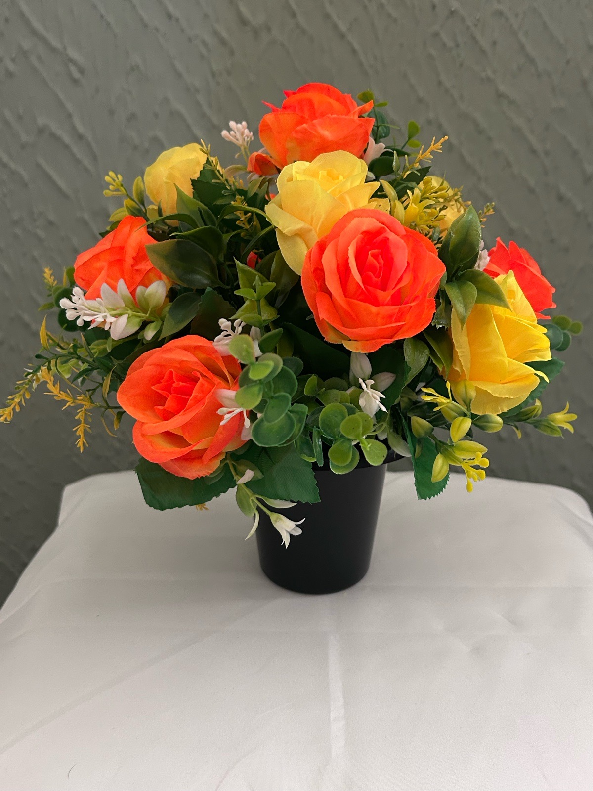 Artificial Flower Arrangement Spring Colours Yellow Orange Green Grave Vase Pot