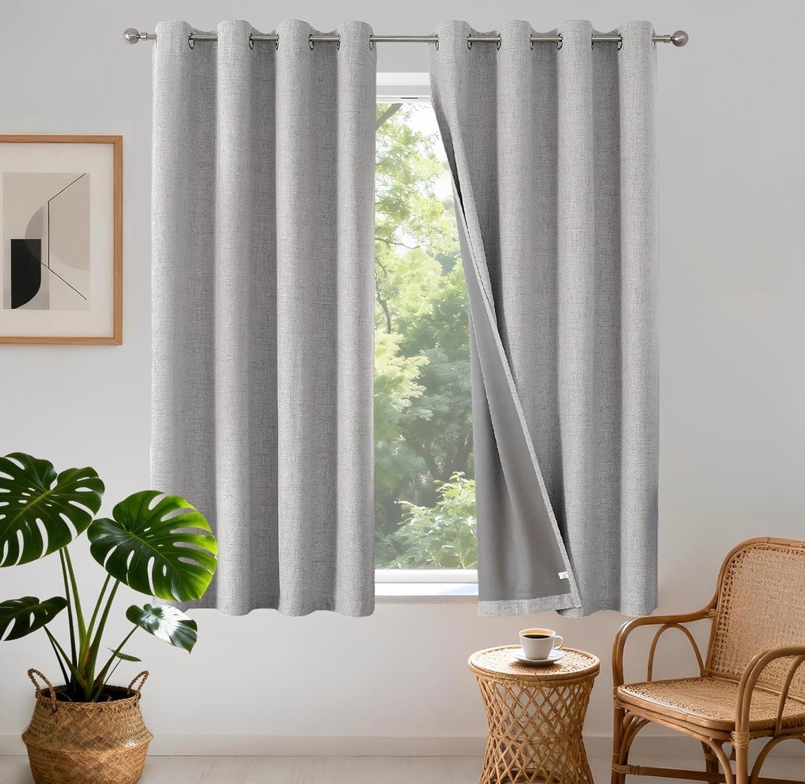 Joydeco 100% Blackout Curtains Faux Linen Thermal Eyelet 2 Panels 46" x 54" Grey