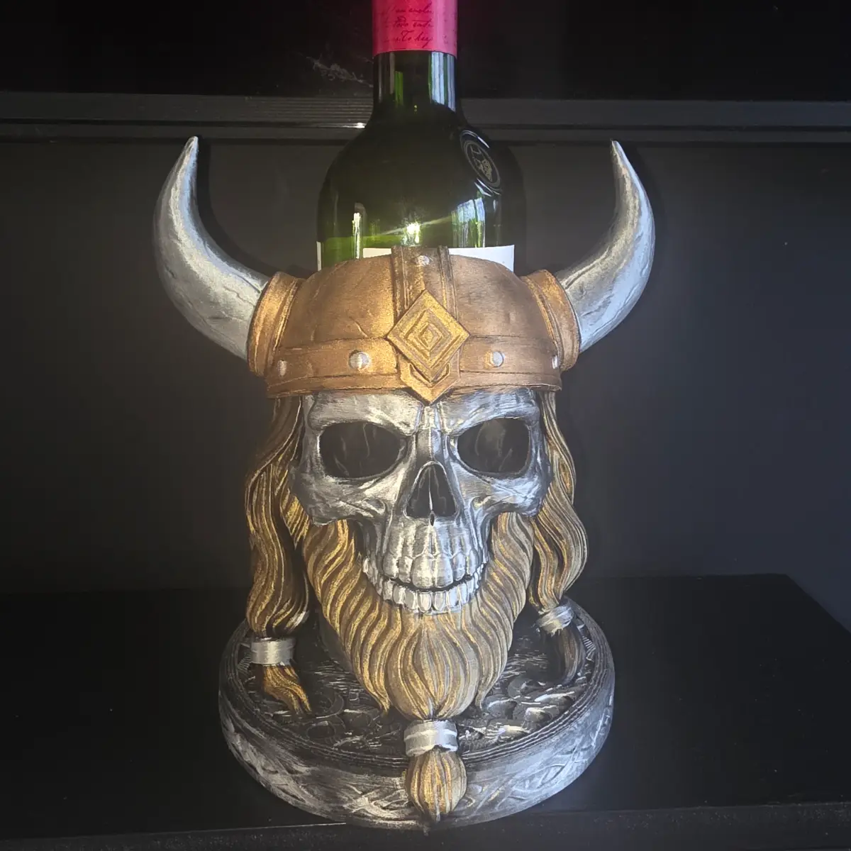 Viking skull wine bottle holder