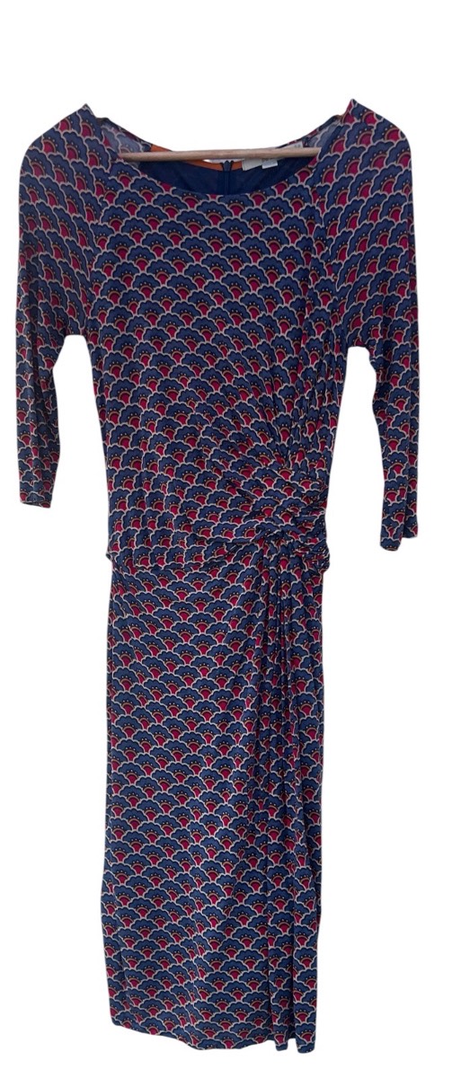Boden Blue Patterned Ruched Midi Dress – UK 12L – Sustainable Tencel – Excellent