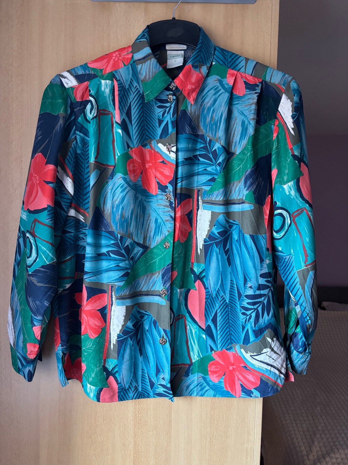 Vintage 80s 90s Canda C&A Tropical Abstract Leaf Floral Blouse Top Shirt EU 42