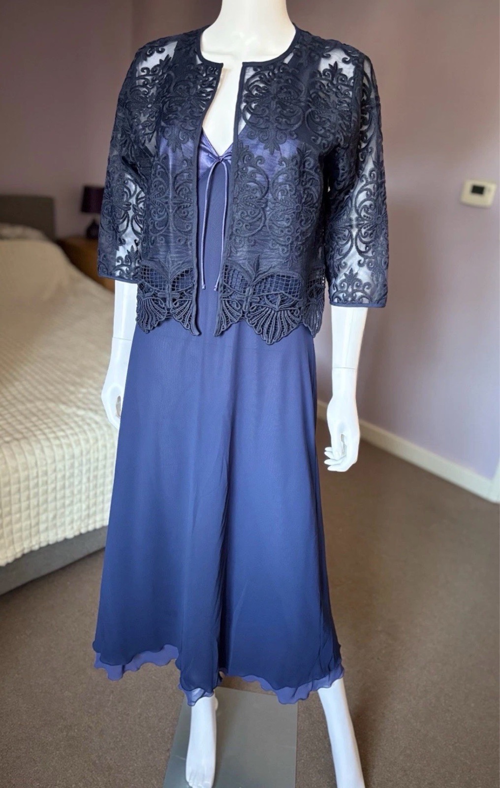 M&S Navy Satin Dress & Next Embroidered Lace Jacket Suit Bundle Set Outfits 14