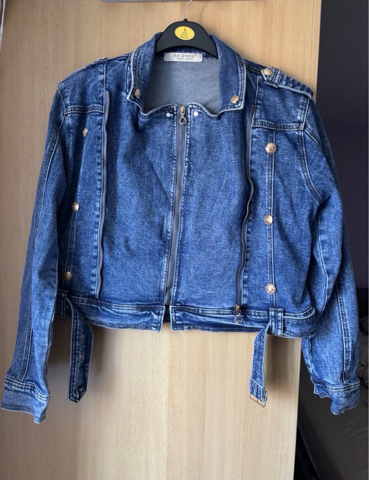 Re-Dress Denim Biker Jacket Gold Buttons  Front Double Zip Size 14
