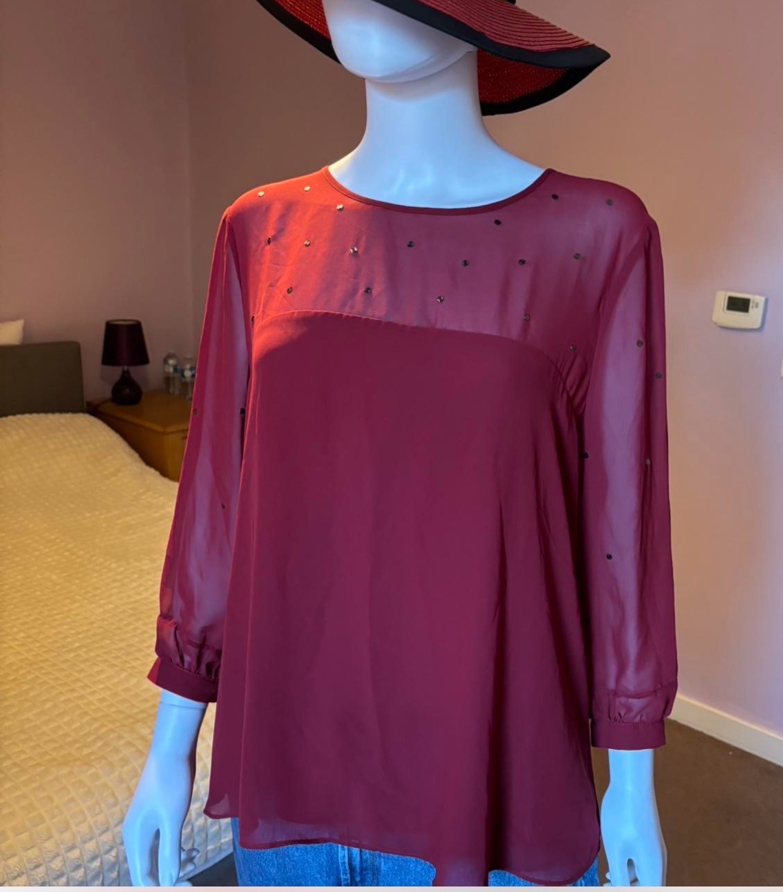 French Connection Burgundy Embellished Sheer Blouse Top NWOT UK 14 L 10
