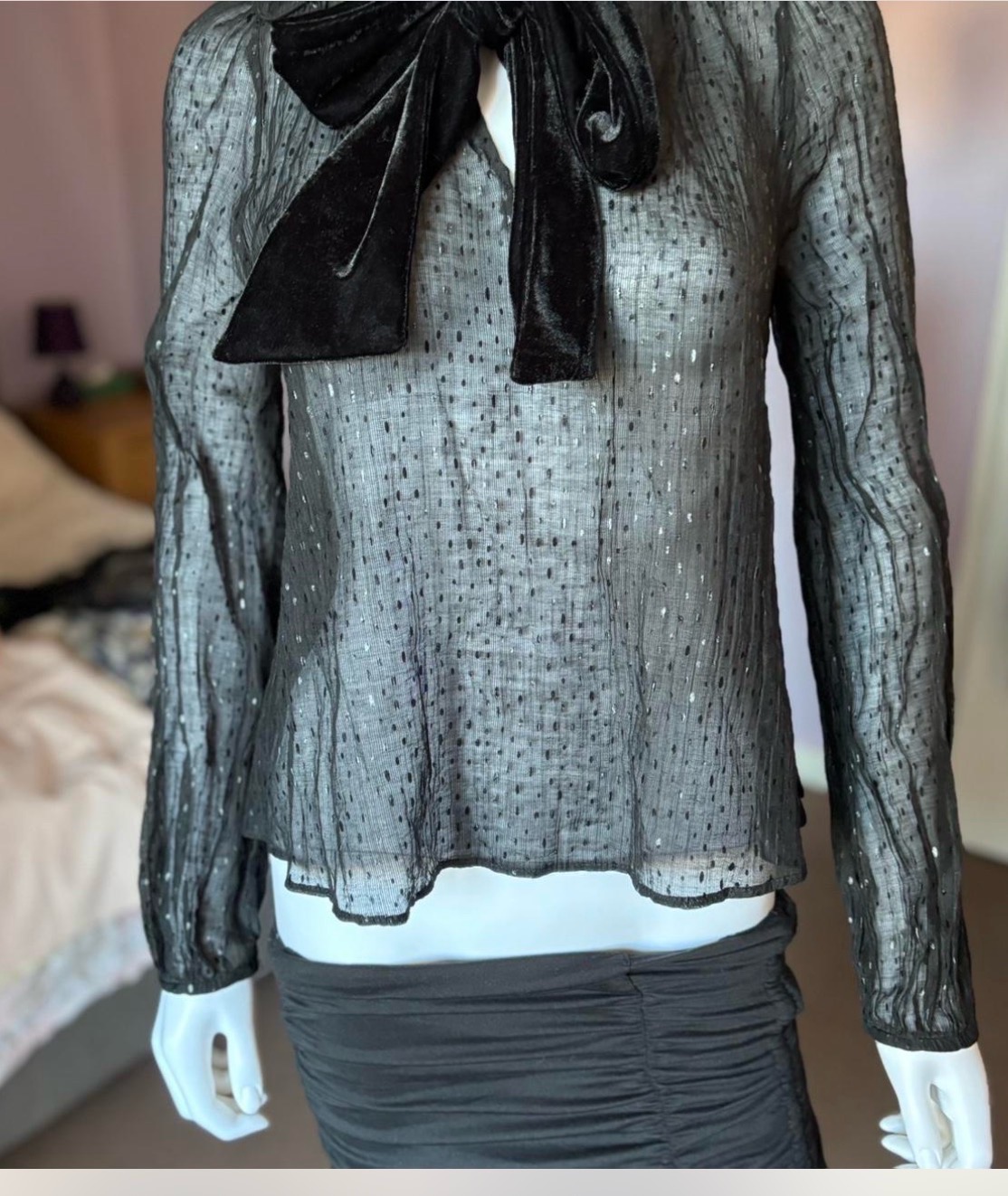 Zara Trafaluc Black Sheer Metallic Velvet Bow Blouse M
