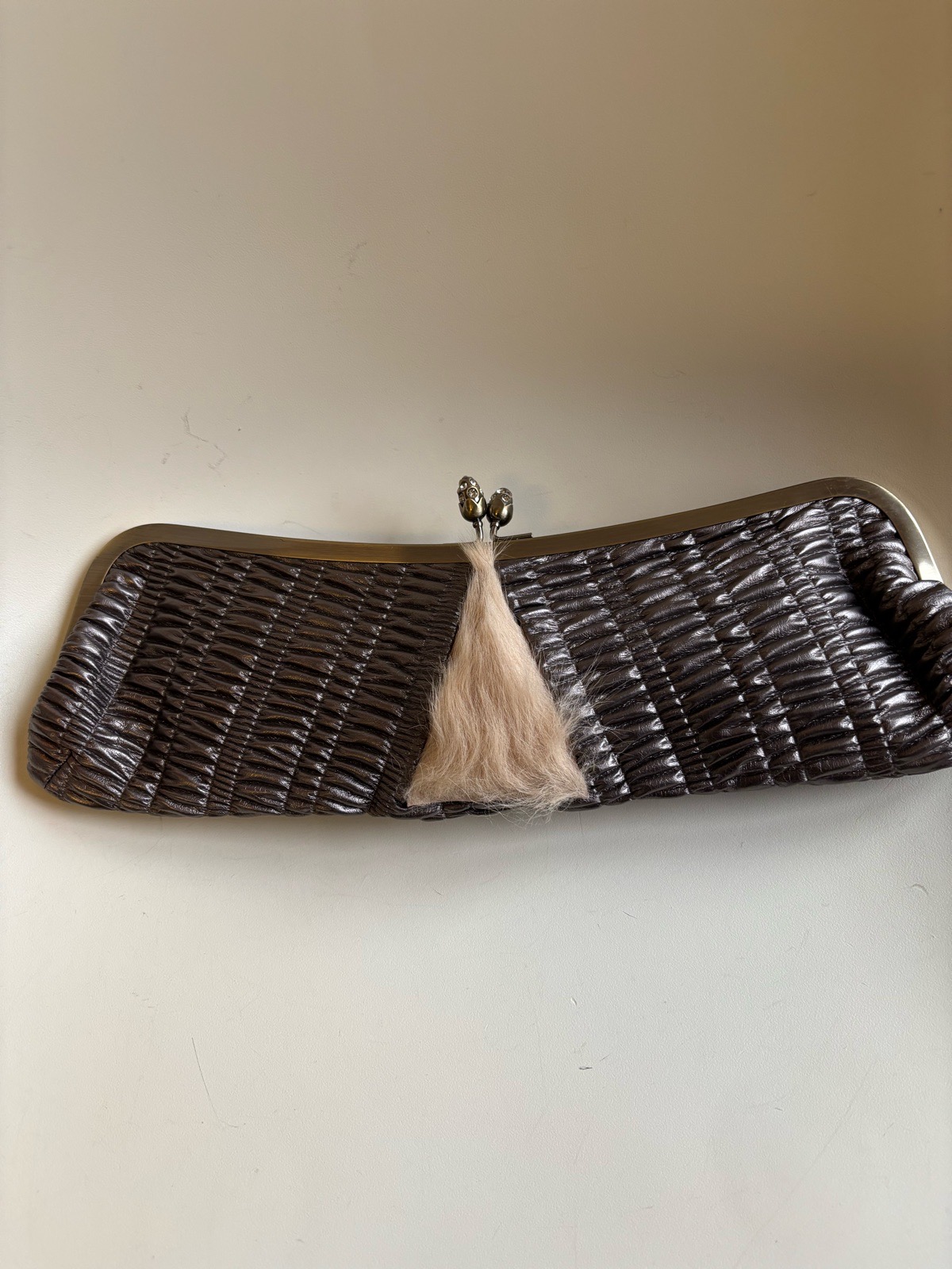 Vintage Per Una Ruched Brown metallic Taupe Clutch Bag with Fur Detail