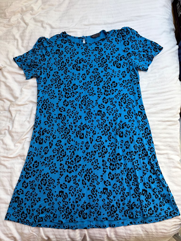 Marks and Spencer Knee Length Dress. Size 16. Blue, Animal Print  Stretch VGC