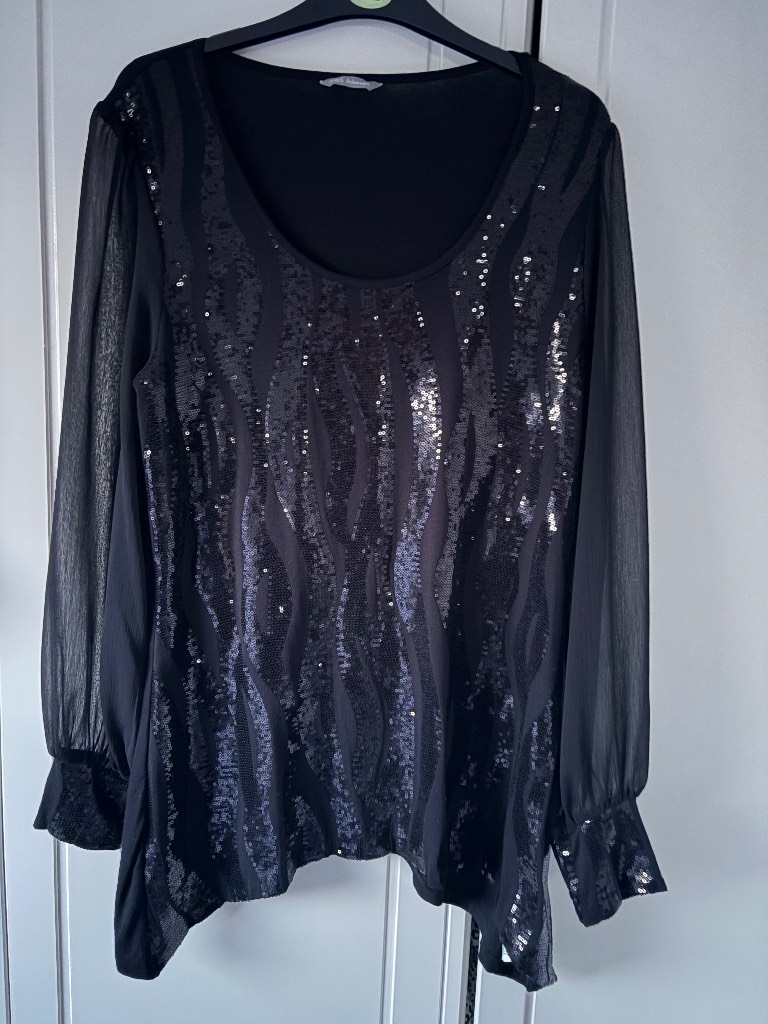 Ladies Marks And Spencer Black Sequinned Top With Sheer Sleeves Size 14