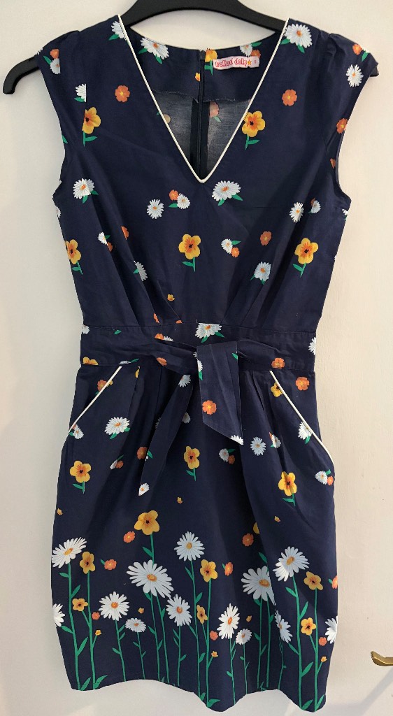 1940’s Style Blue Dress Size S, Trollied Dolly Wiggle Dress, Blue Floral Cotton